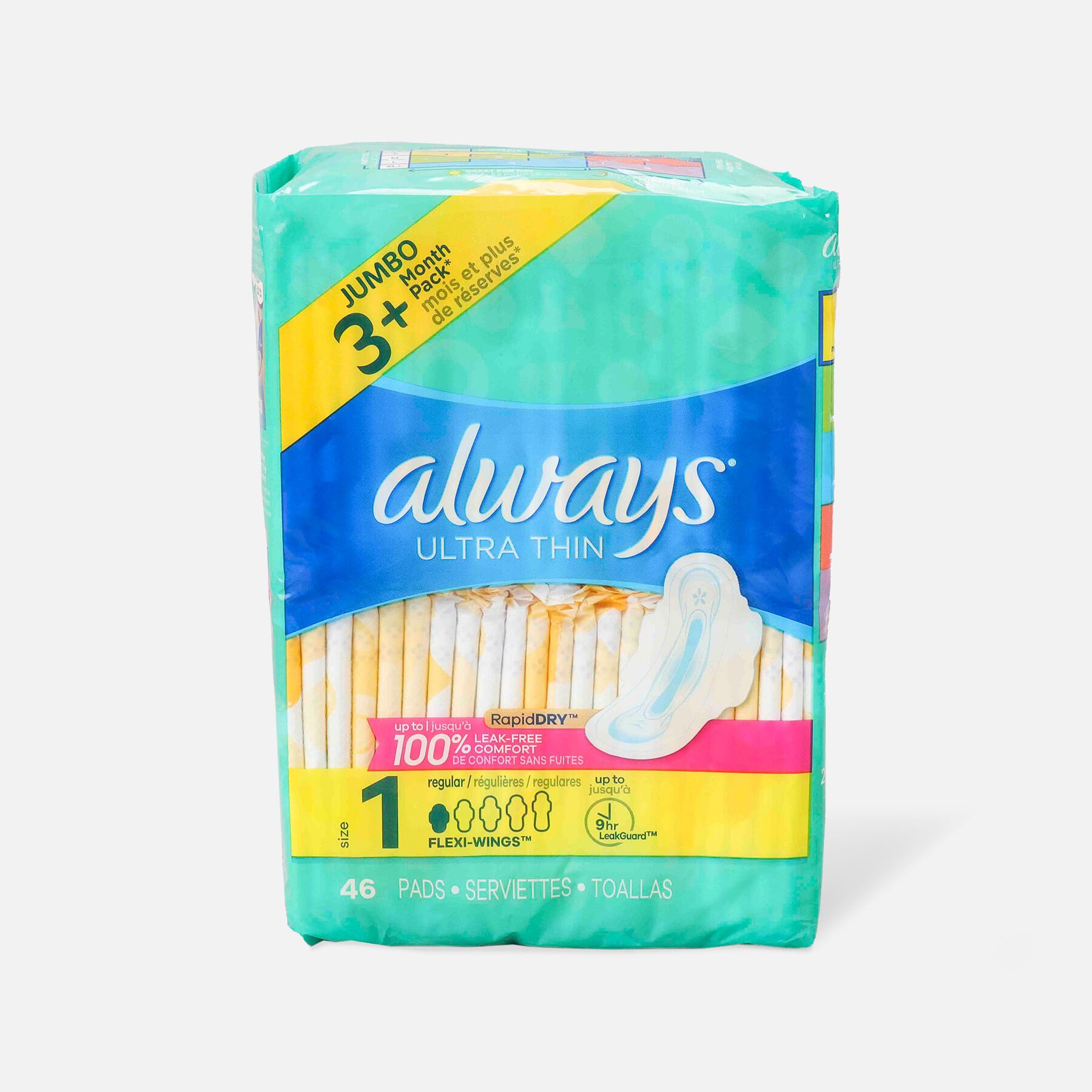 FSA Eligible Always Ultra Thin Pads Regular Absorbency Unscented with Wings, Size 1, 46 ct