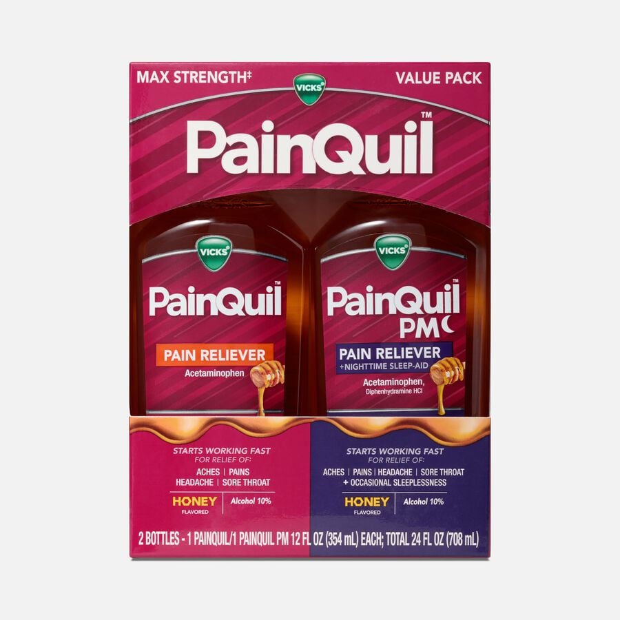 Vicks&reg; PainQuil&trade; Acetaminophen Pain Relief Liquid Day & Night Combo Pack, Honey Flavored. 12 fl. oz., , large image number 0