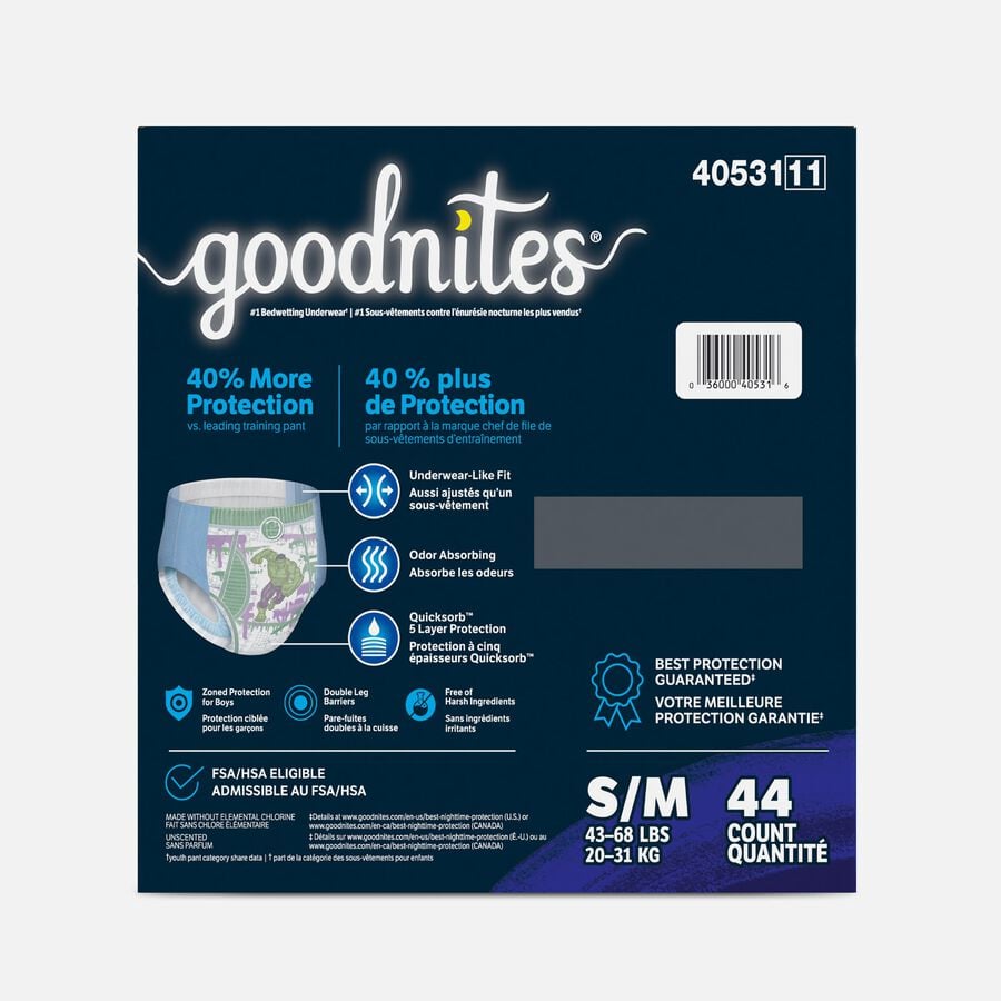 Goodnites Boys' Nighttime Bedwetting Underwear, Size S/M (43-68 lbs), 44 ct., , large image number 1