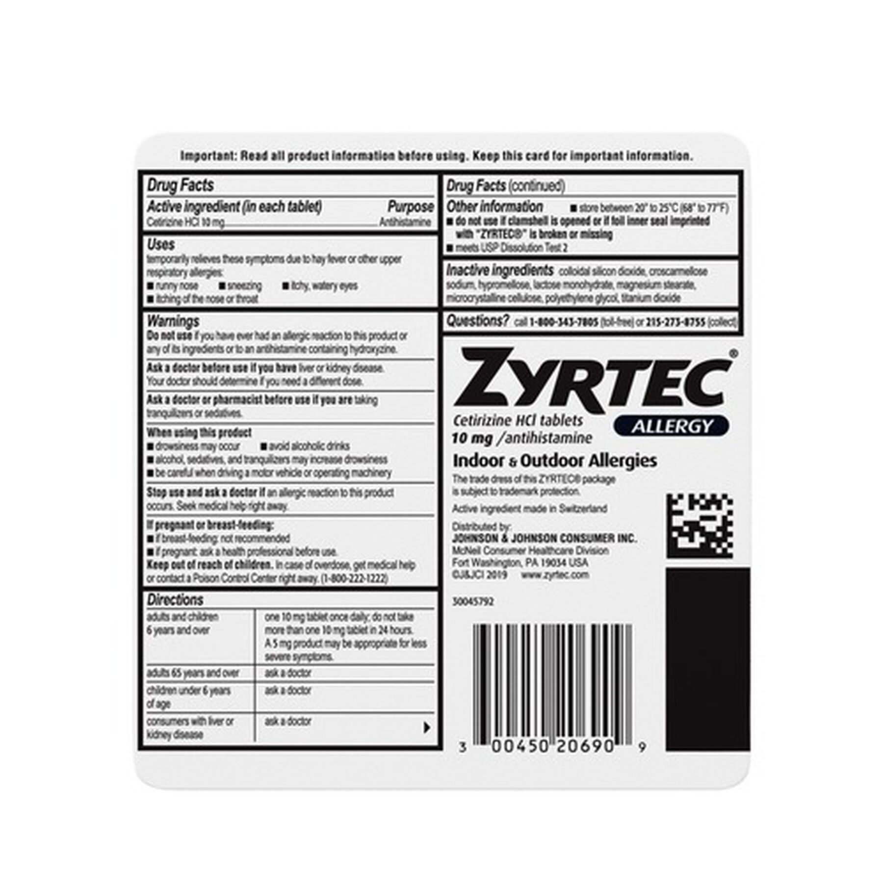 Zyrtec Adult Allergy Relief Tablets, 10mg, 90 ct