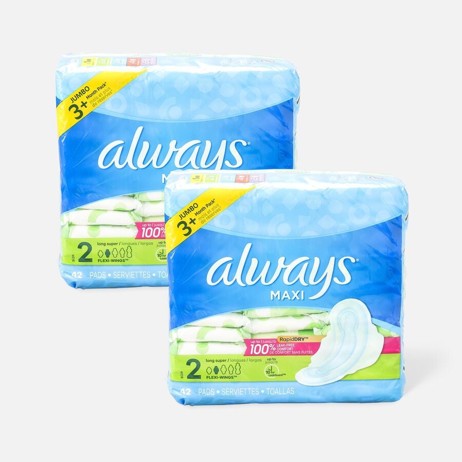 Always Maxi Pads Size 2 Long Super Absorbency Unscented with Wings, 42 ct. (2-Pack), , large image number 0