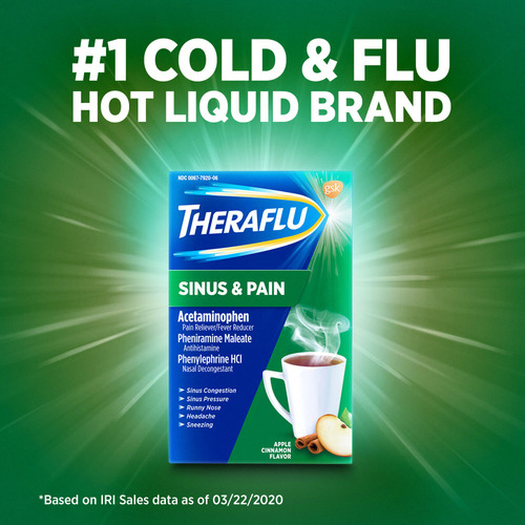 Theraflu Sinus & Pain Powder, Apple & Cinnamon, 6 ct