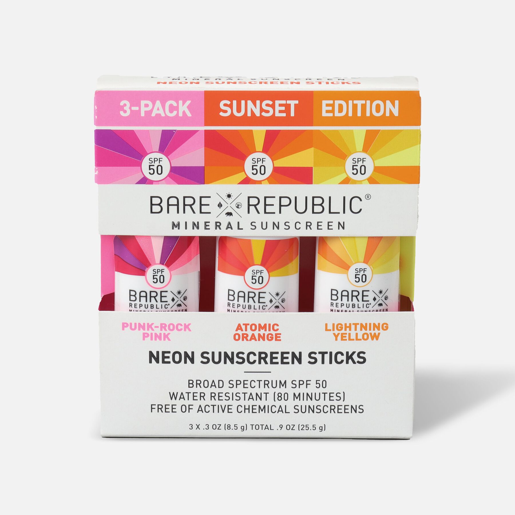 Bare Republic Mineral SPF 50 Neon Sunscreen Stick, 3Pack