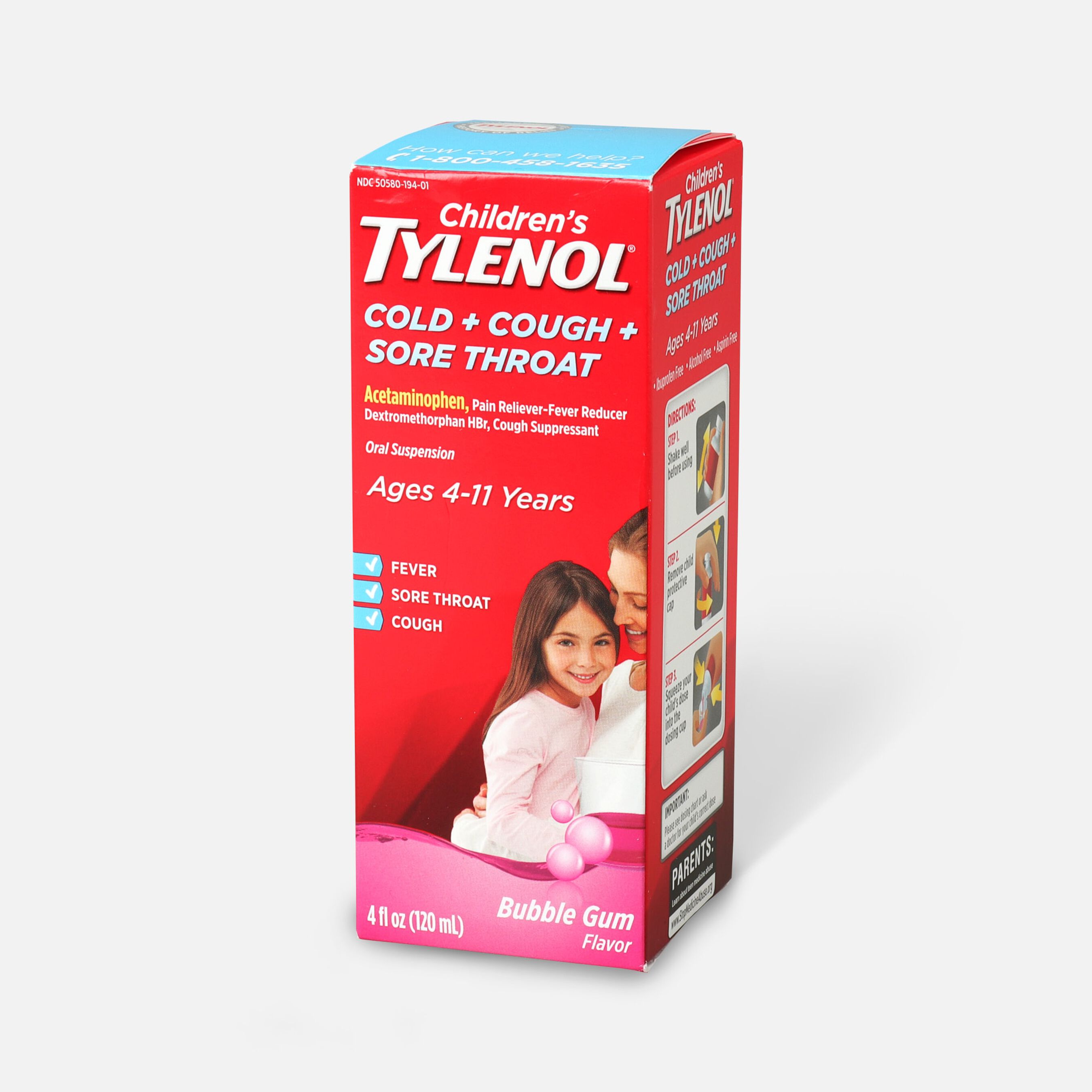 FSA Eligible Children's Tylenol Cold + Cough + Sore Throat, Bubblegum