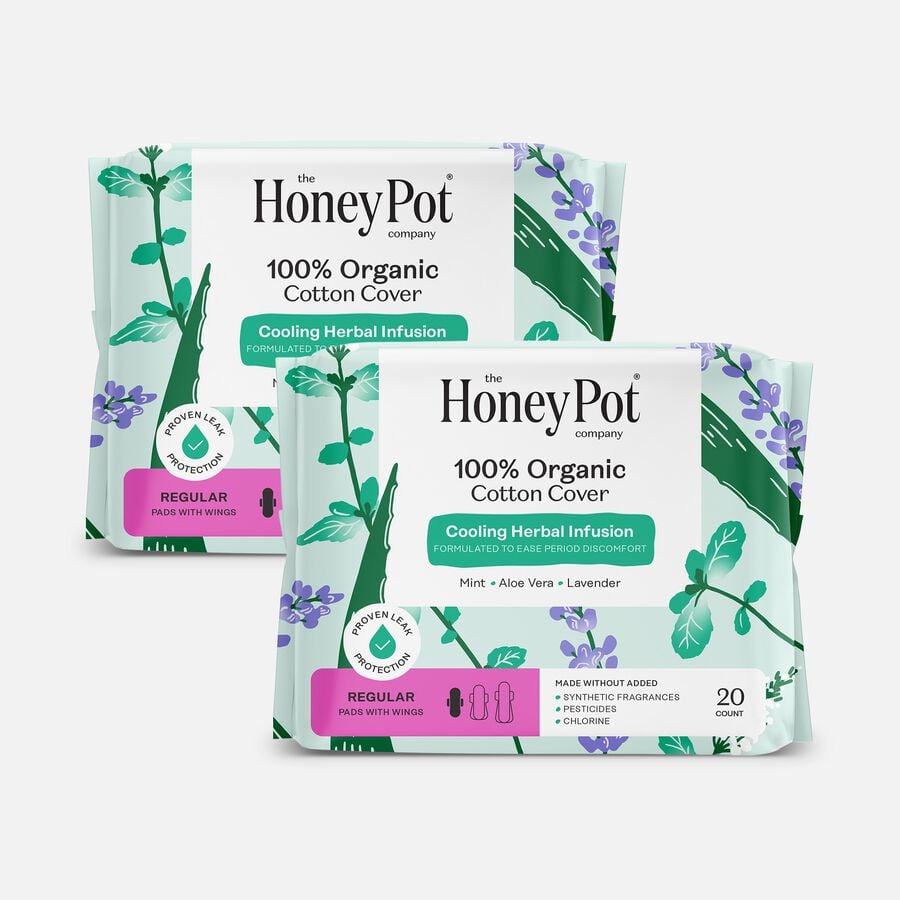 The Honey Pot 100% Organic Cotton Cover Regular Menstrual Pads with Wings, Herbal, 20 ct. (2-Pack), , large image number 0