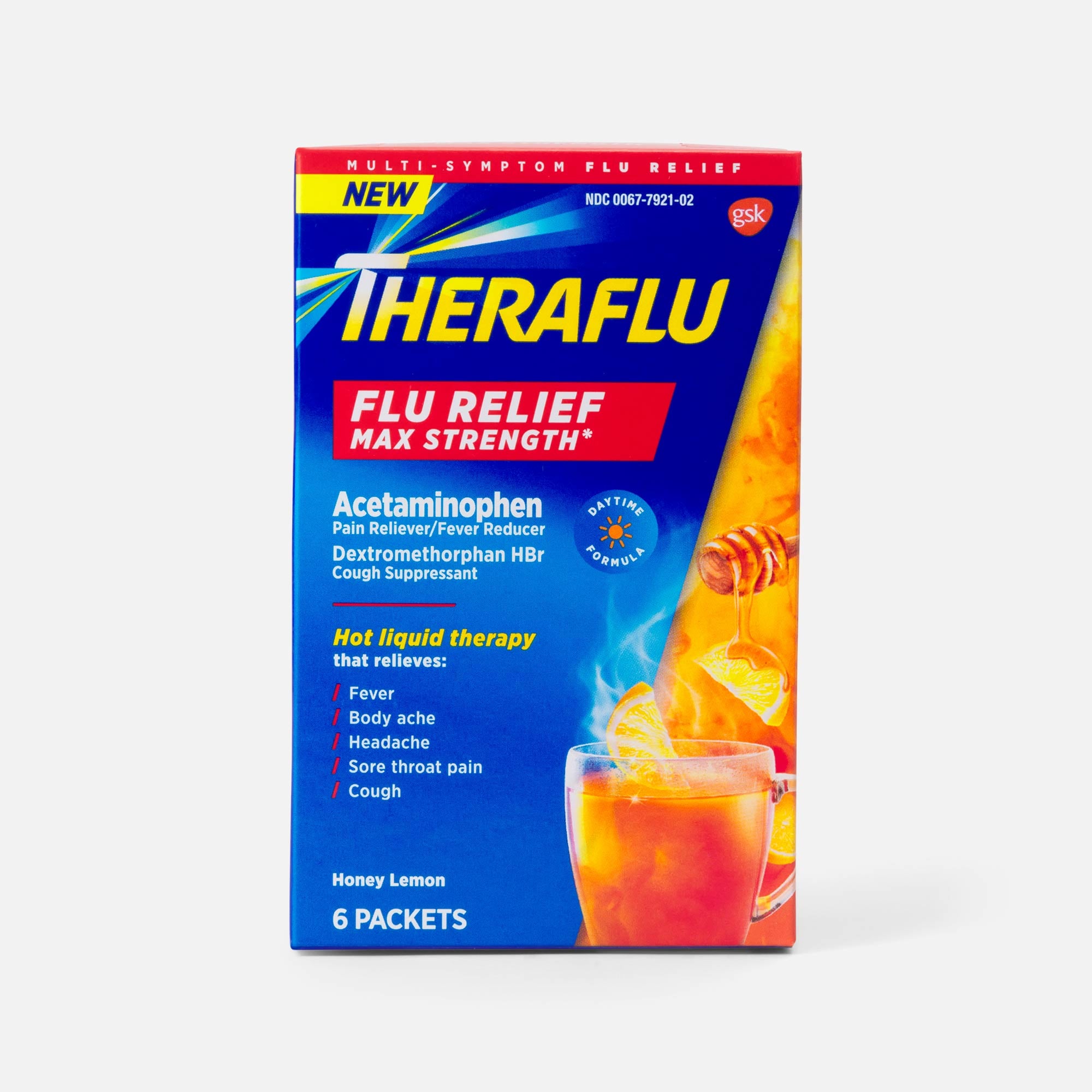 Theraflu Daytime Max Strength Flu Relief Honey Lemon Flavor Hot Liquid Powder, 6 ct.