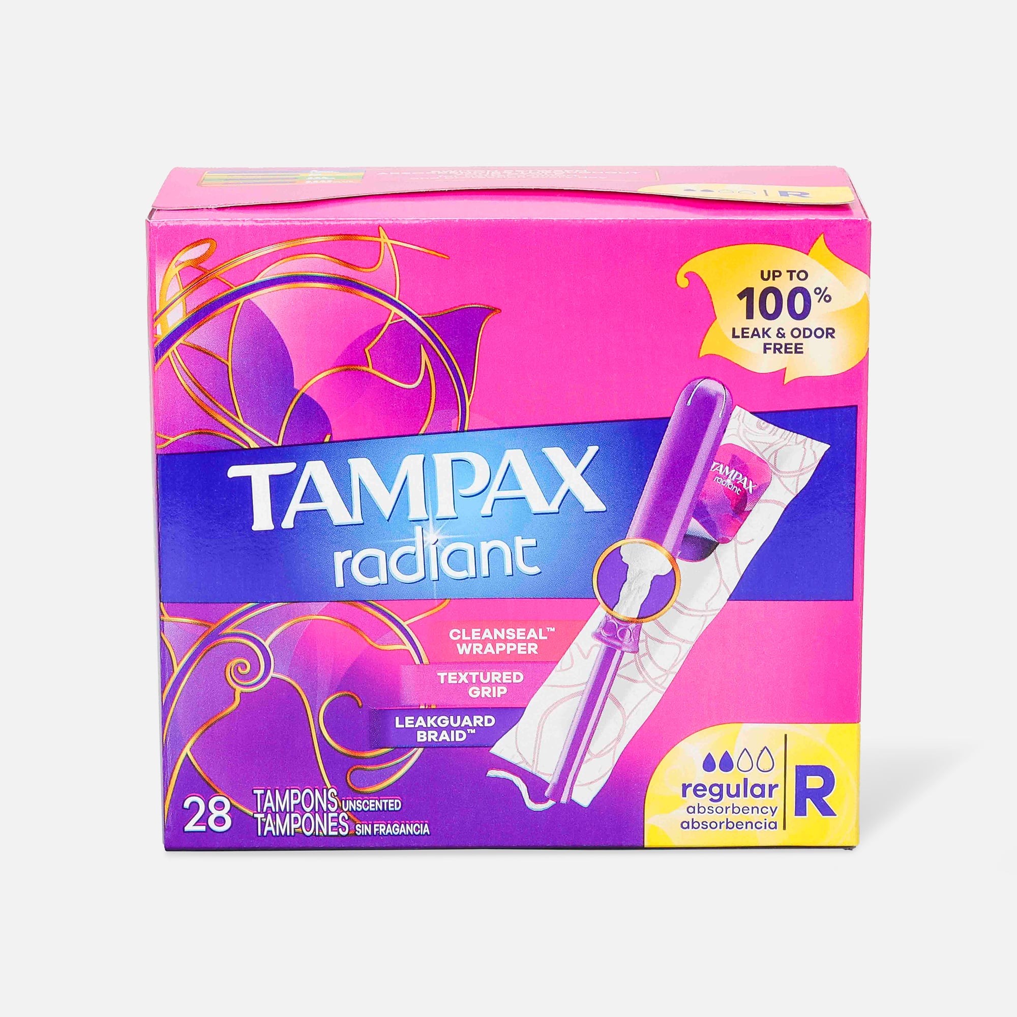 Tampax Radiant Tampons with BPA-Free Plastic Applicator and LeakGuard  Braid, Unscented, 28 Count