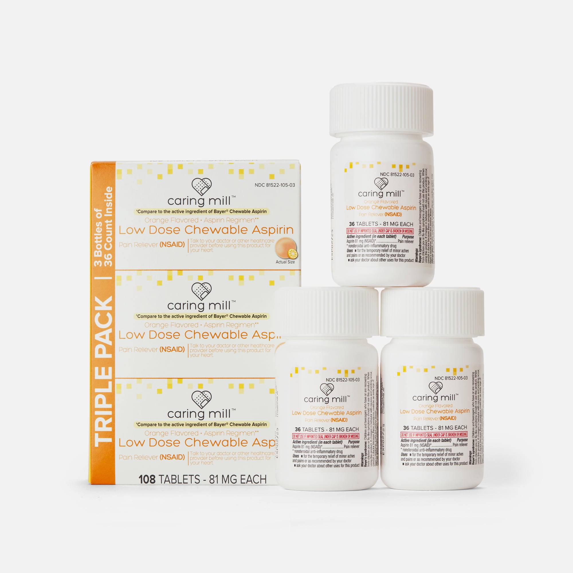 Caring Mill™ Aspirin Chewable Tablets Pain Reliever (NSAID) Low Dose Aspirin, Orange Flavor, 3 pack, 108 ct.