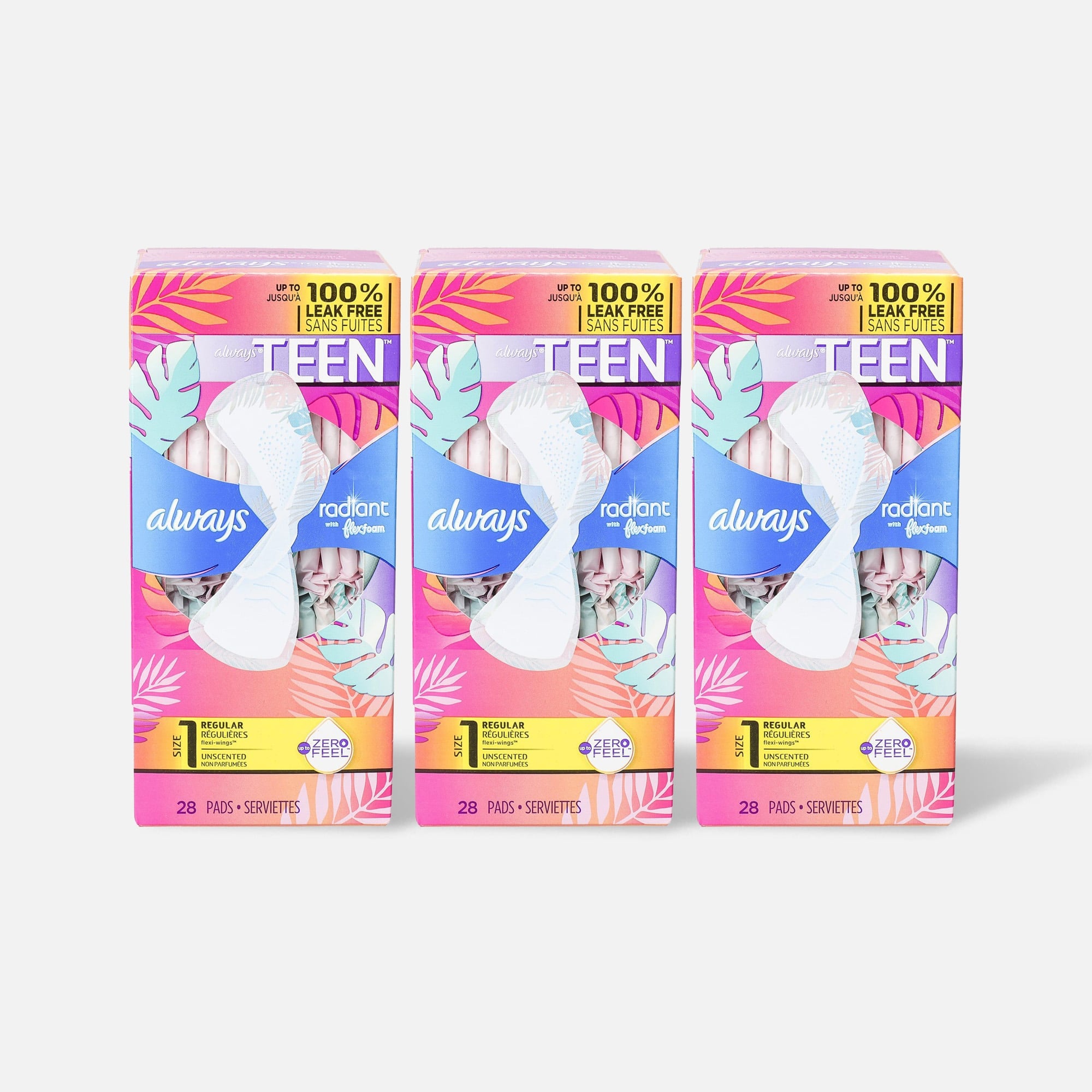 Always Radiant FlexFoam Teen Pads Regular Absorbency, with Wings, Unscented, 28 ct. (3-Pack)