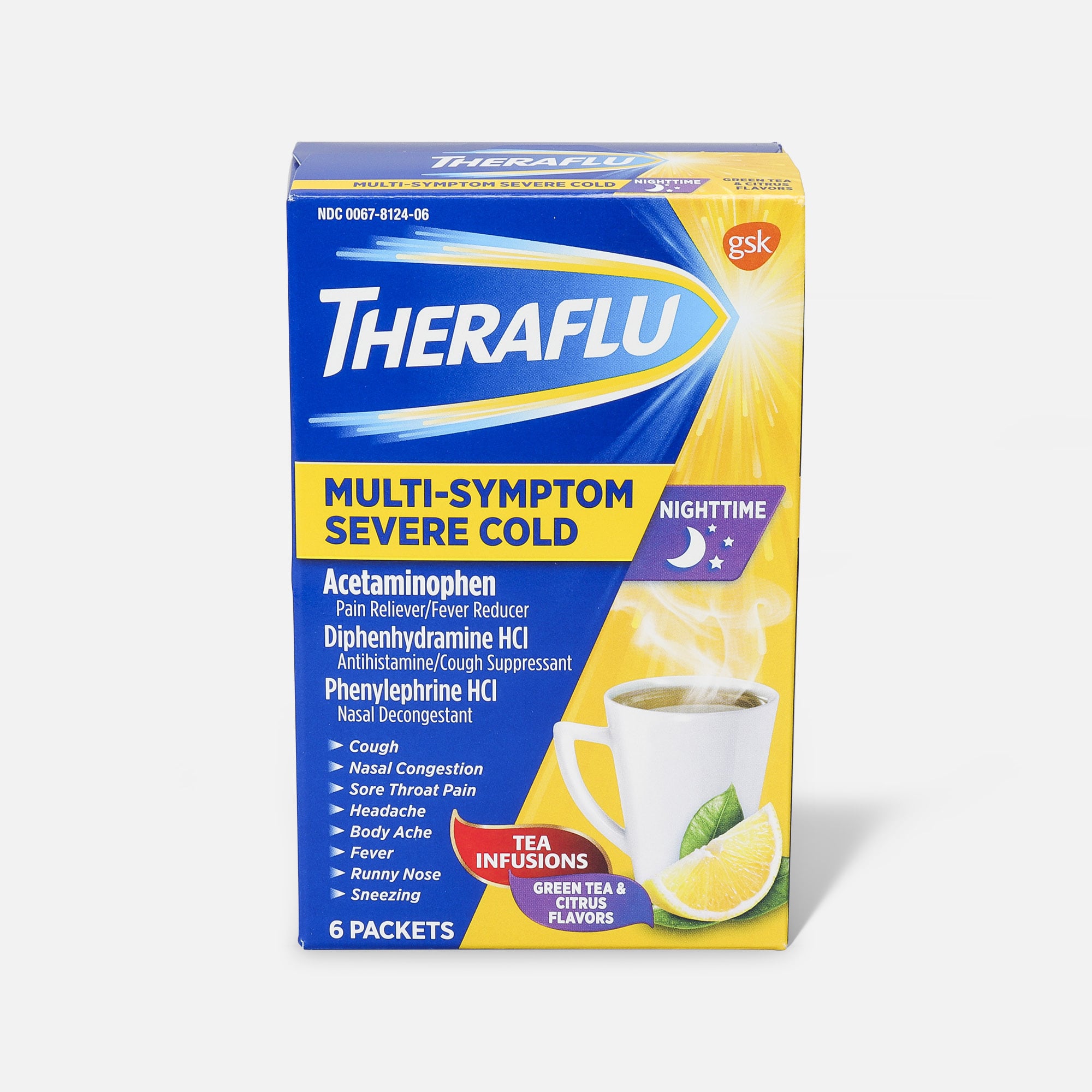 Theraflu Nighttime Multi Symptom Severe Cold Hot Liquid Powder Green Tea And Citrus Flavors 6 Ct