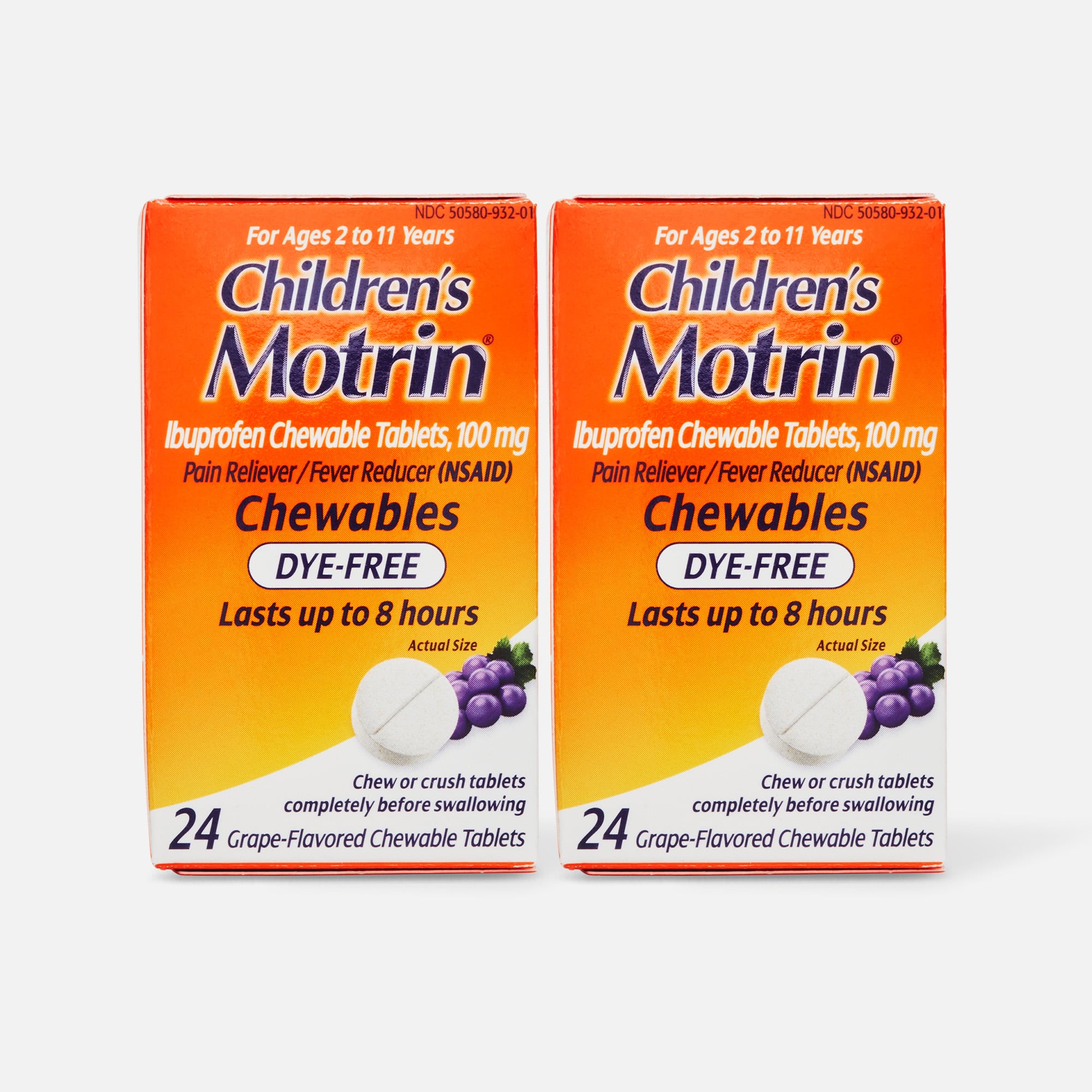 Children's Motrin Dye-Free Ibuprofen Chewable Tablets for Pain & Fever, Grape, 24 ct. (2-Pack)