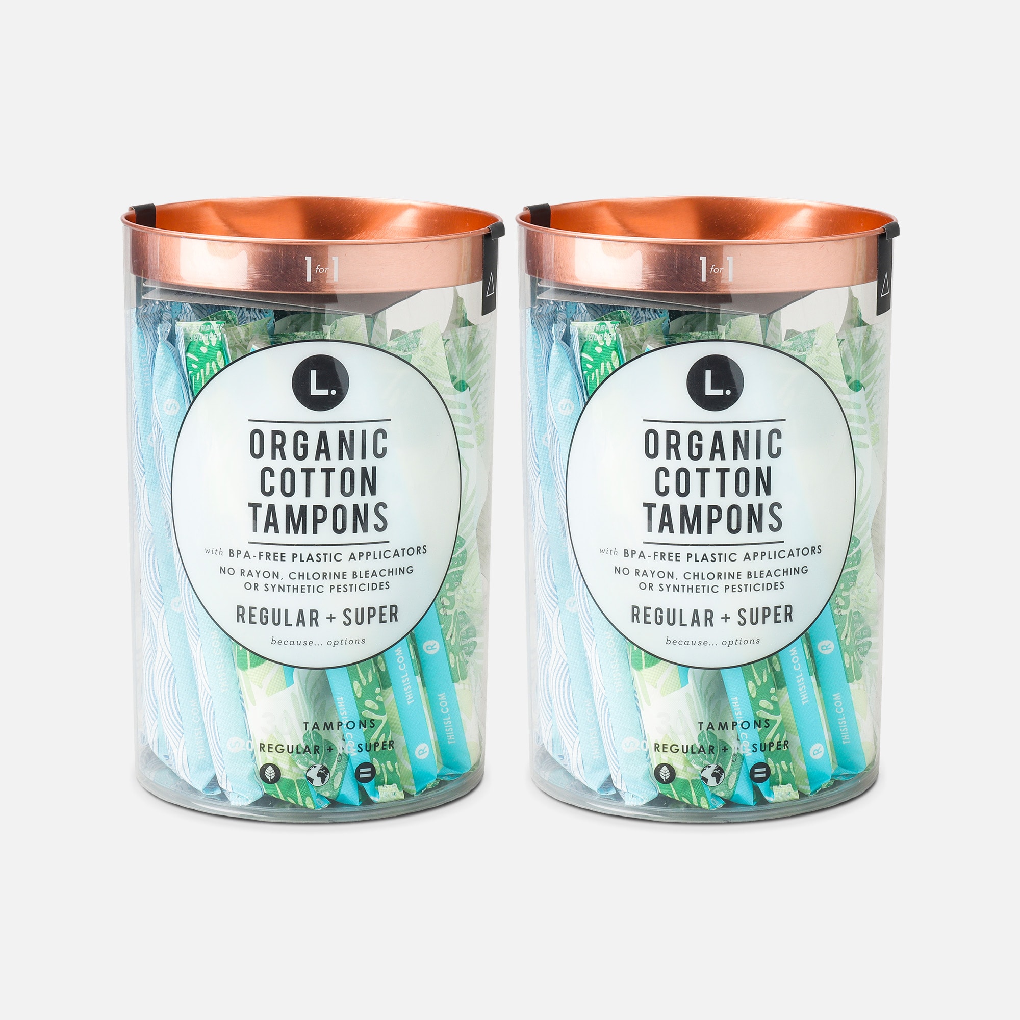 L. Organic Cotton Tampons Regular/Super Absorbency Duo Pack, BPA-free Plastic Applicator, 30 ct. (2-Pack)