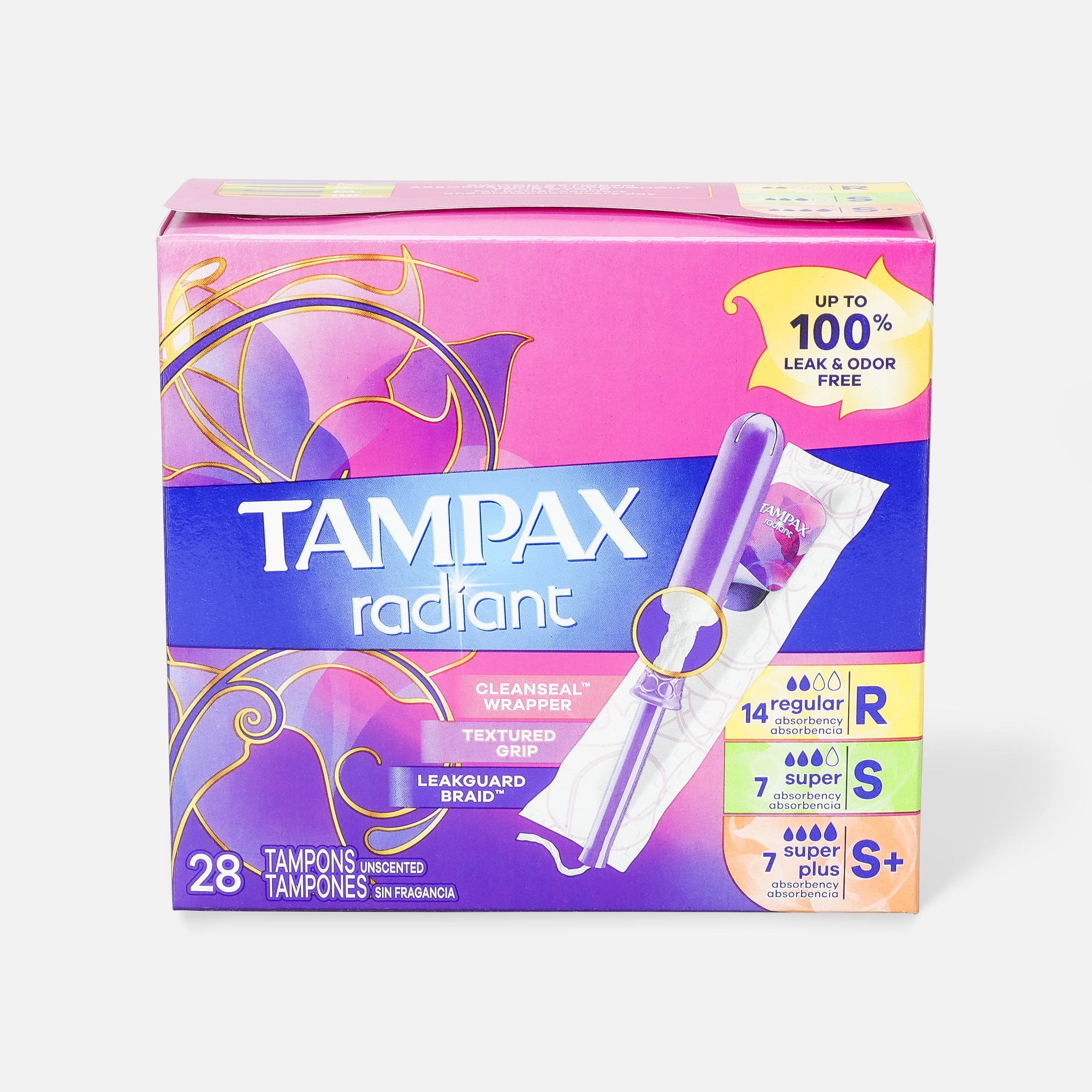Tampax Radiant Tampons Trio Pack, Regular/Super/Super Plus Absorbency with  BPA-Free Plastic Applicator and LeakGuard Braid, Unscented, 28 Count