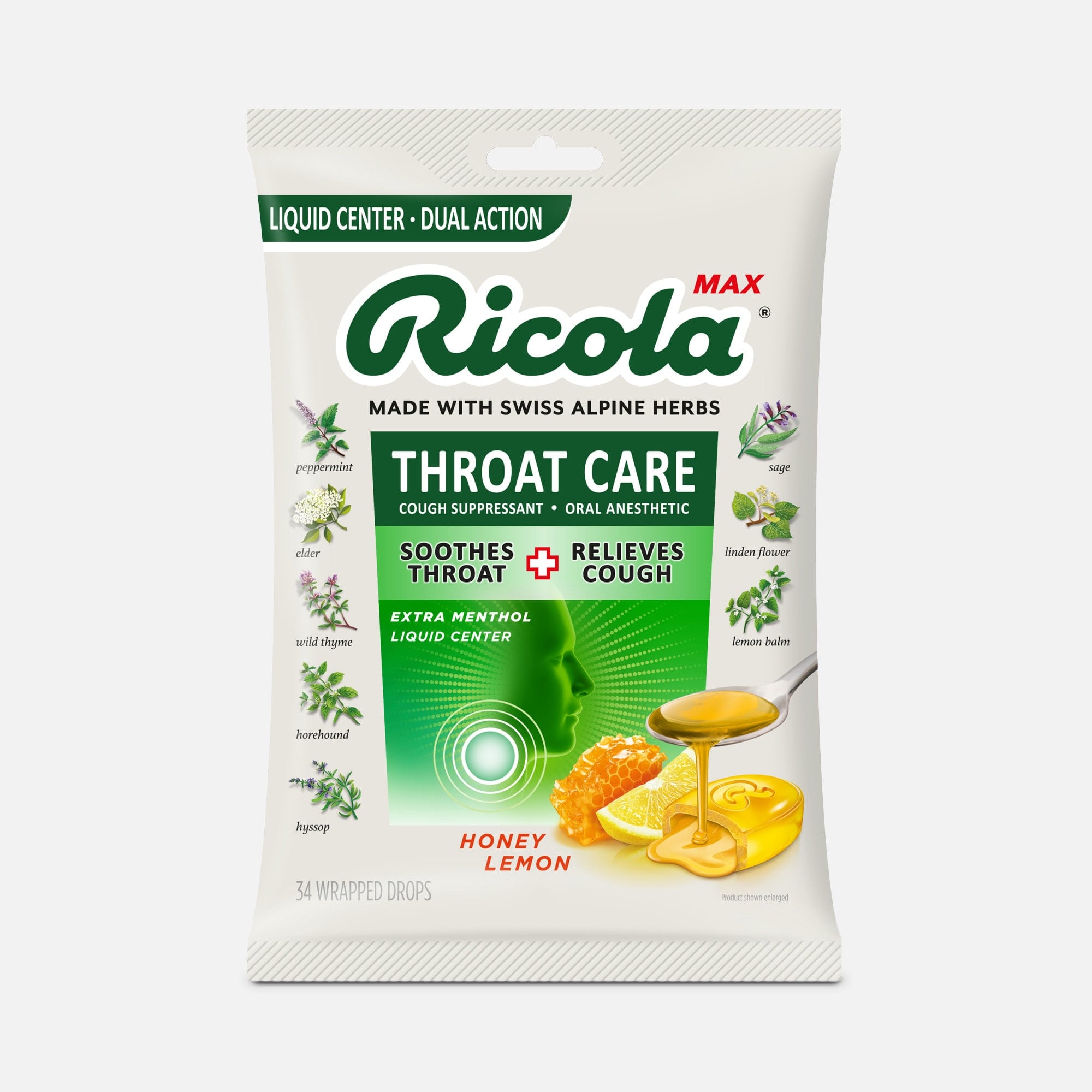 Ricola Max Throat Care Dual Action Cough Drops, Honey Lemon, 34 ct.