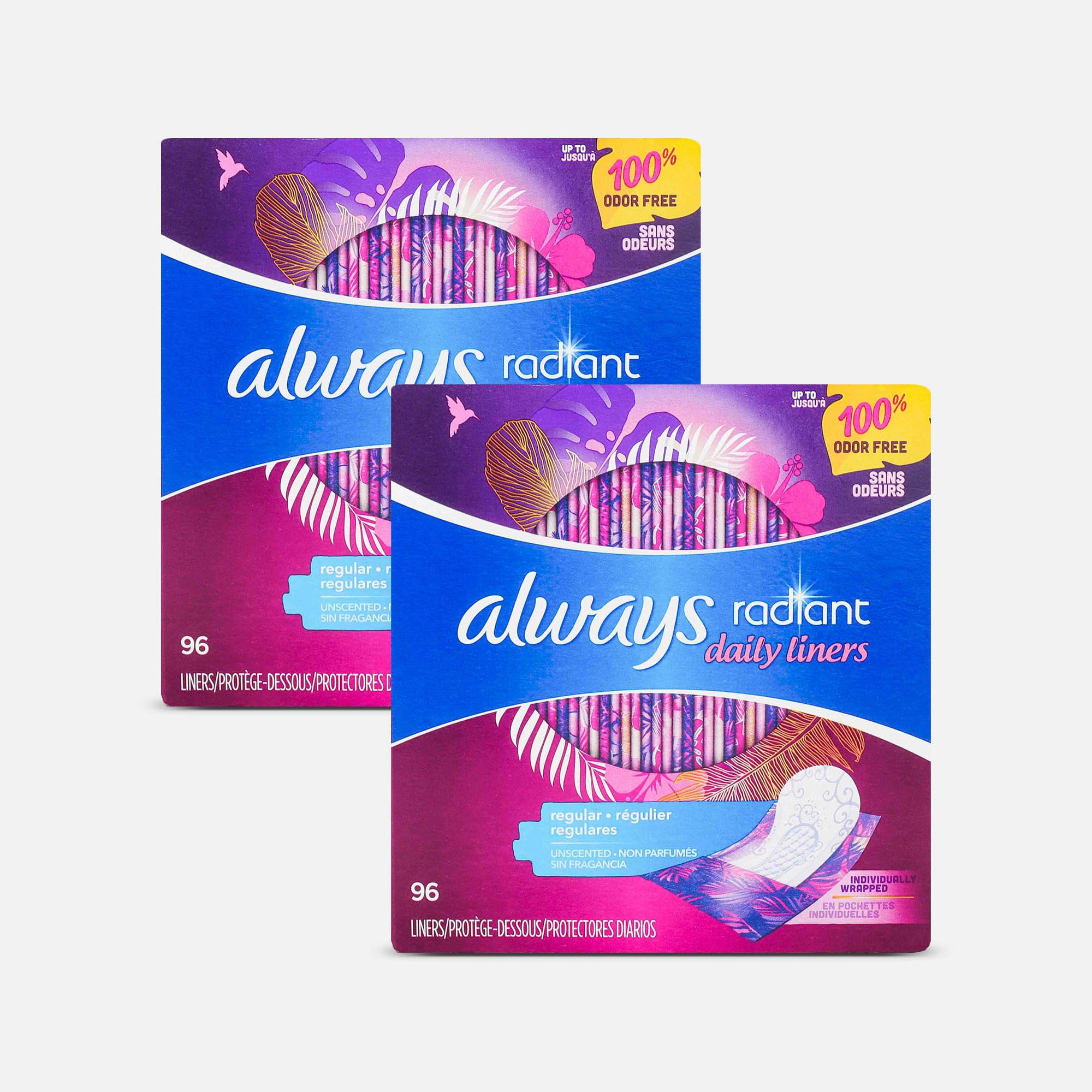 Always Radiant Daily Liners Regular Absorbency Unscented, 96 ct. (2-Pack)