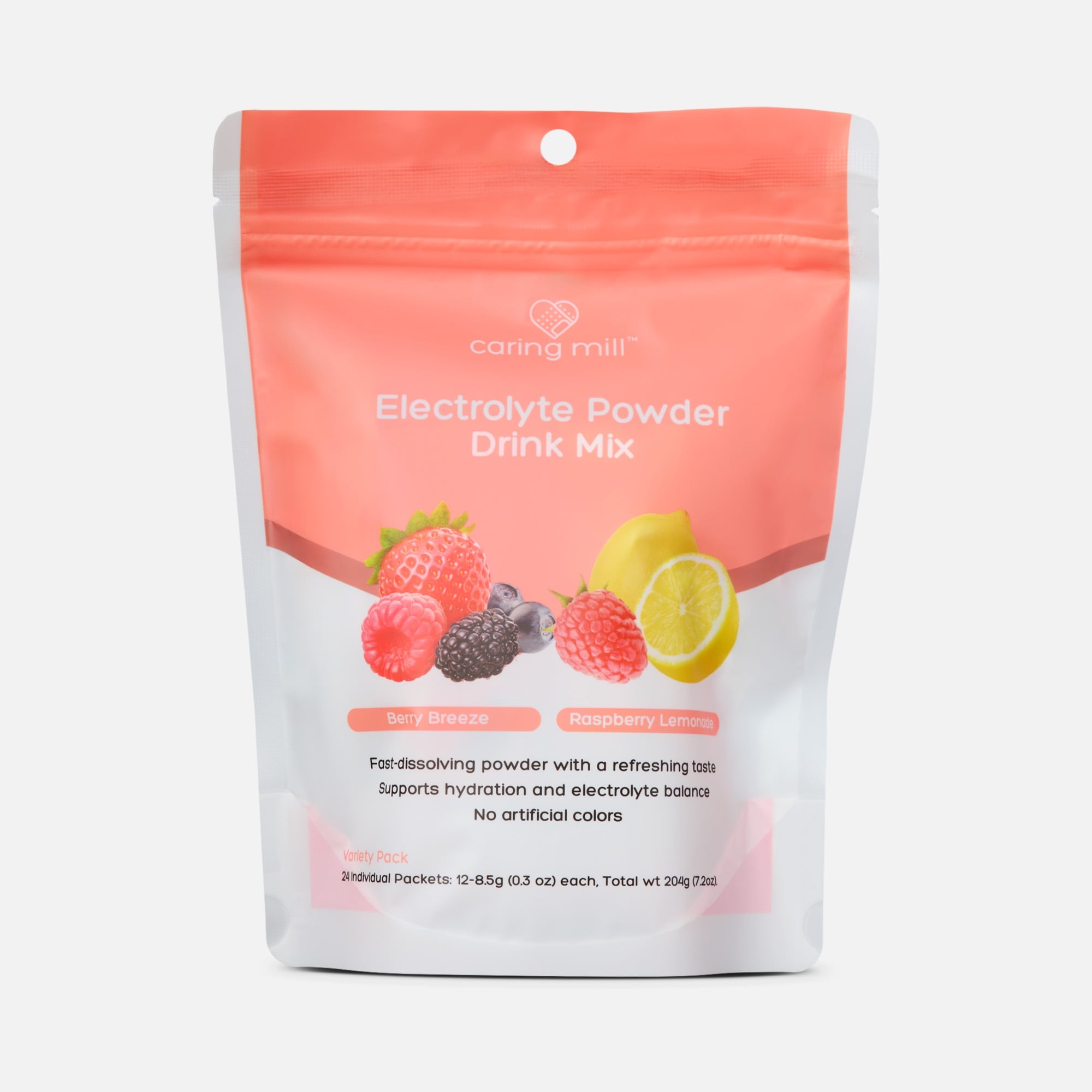 Caring Mill™ Electrolyte Powder, Berry Breeze and Raspberry Lemonade Flavor Variety, 24 ct.
