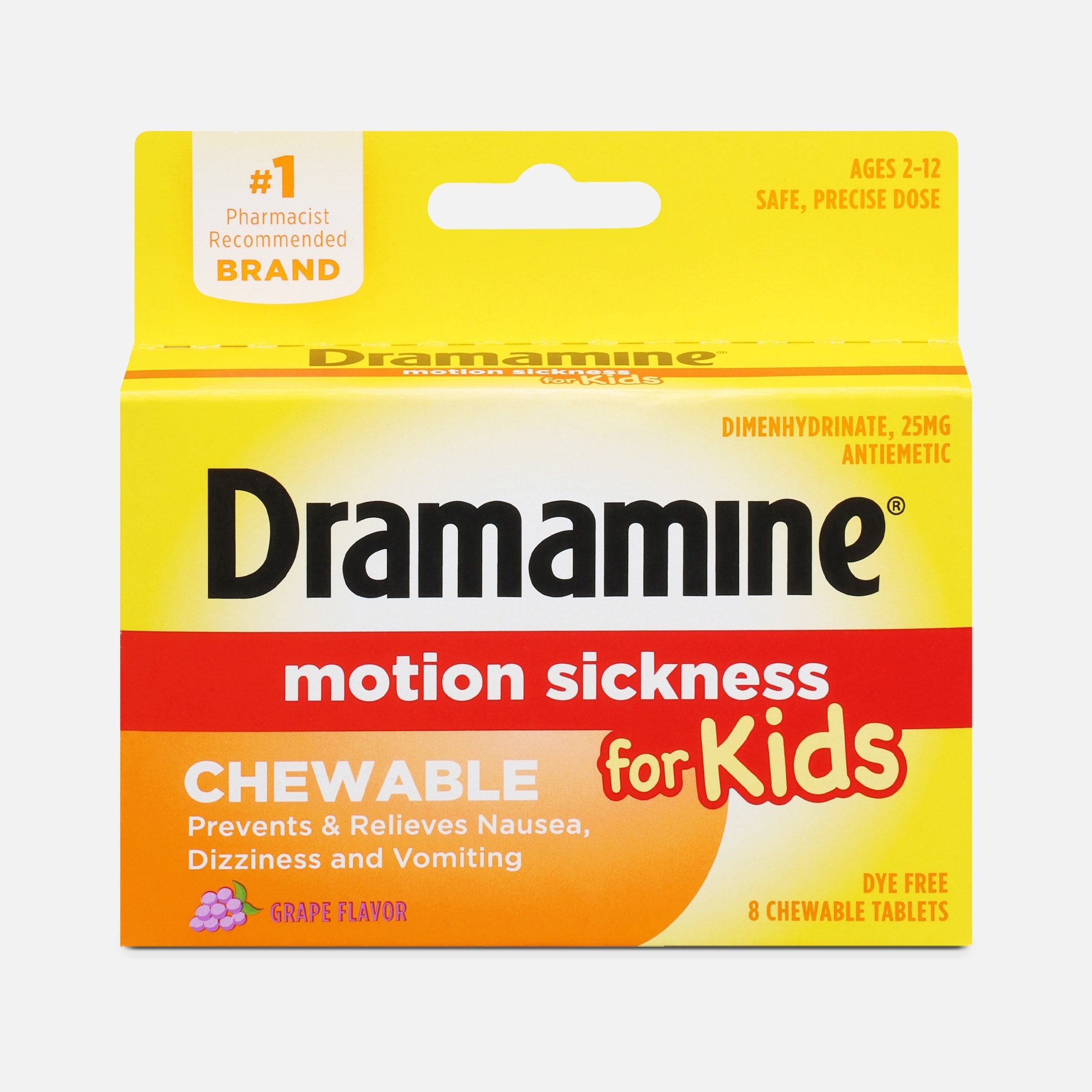 Dramamine Motion Sickness Relief for Kids, Grape Flavor, 8 ct.