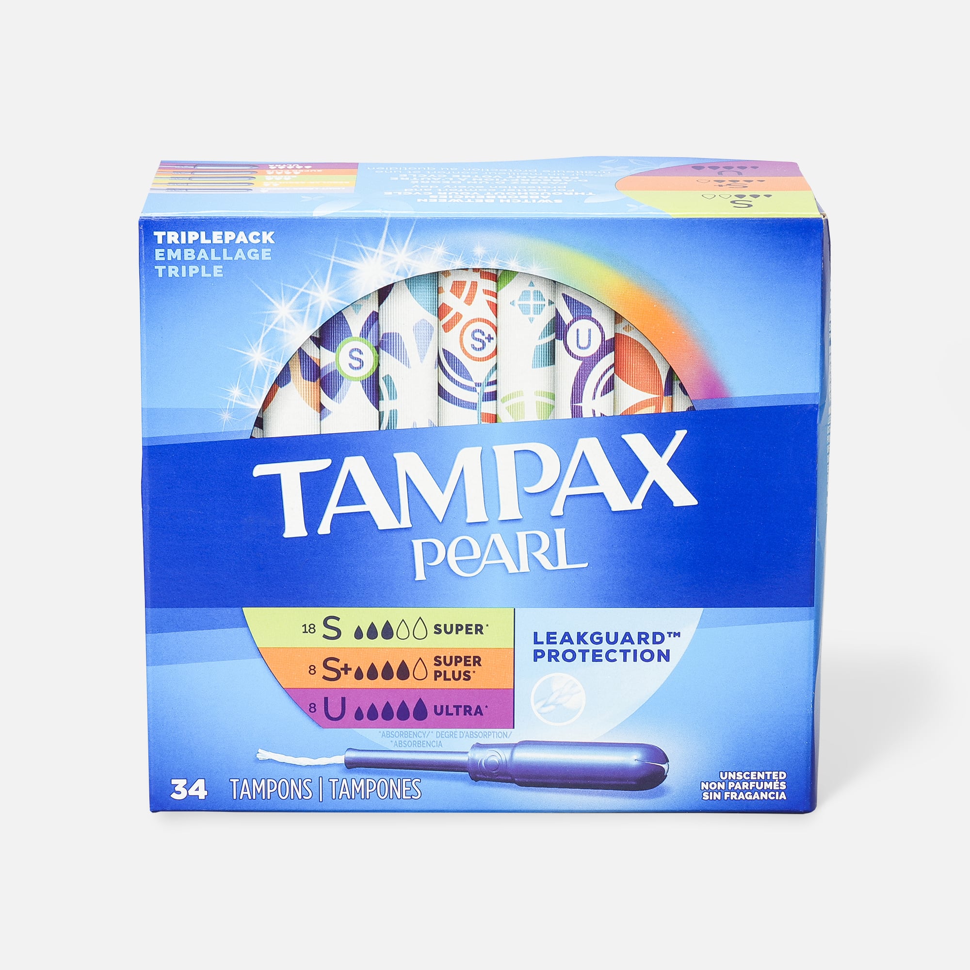 FSA Eligible  Tampax Pearl Tampons Trio Pack, Super/Super Plus/Ultra  Absorbency with BPA-Free Plastic Applicator and LeakGuard Braid, Unscented,  34 Count