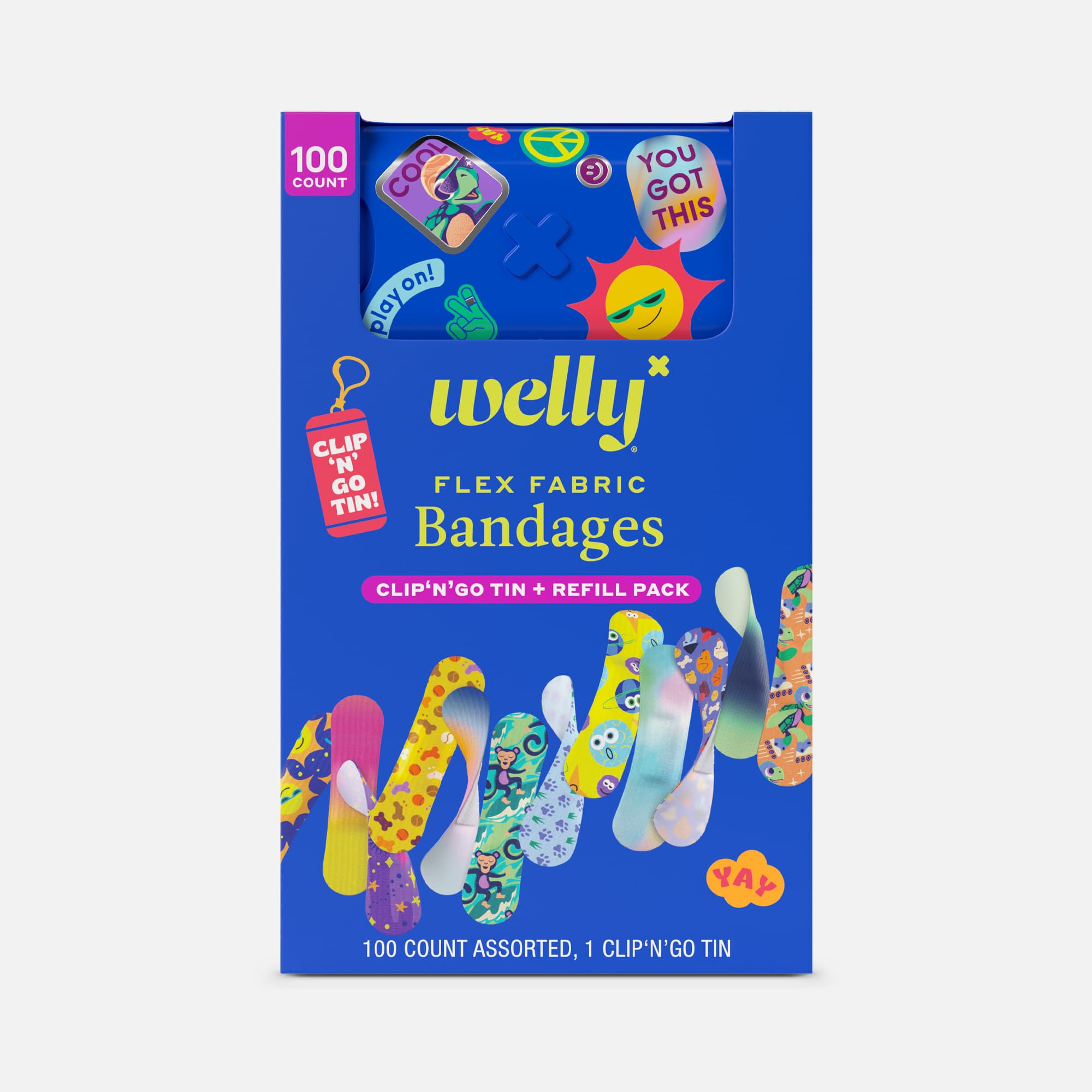 Welly Flex Fabric Bandages & Clip ‘N' Go Tin, 100 ct.