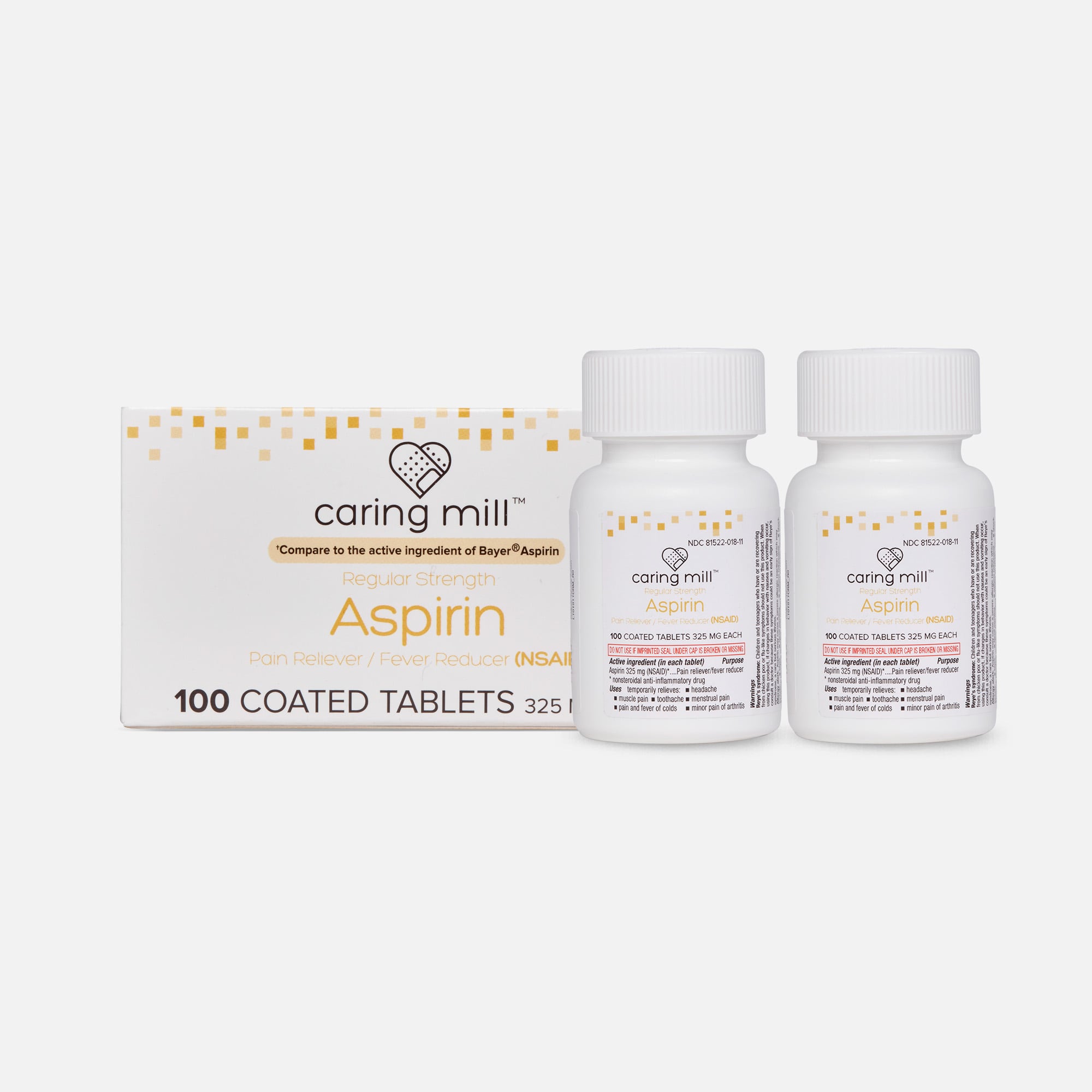 Caring Mill™ Aspirin Pain Reliever/ Fever Reducer (NSAID) Tablets, 100 ct. (2-Pack)