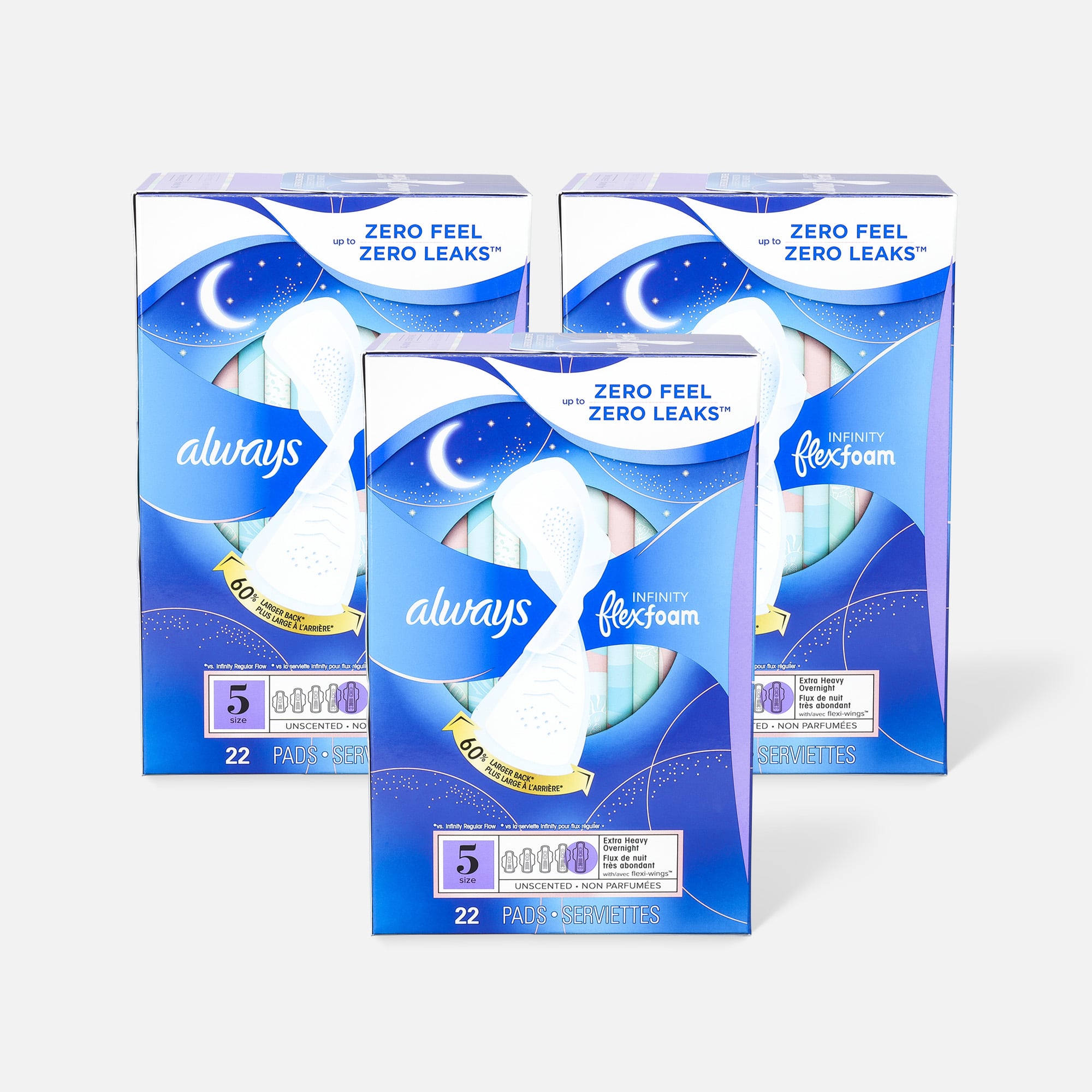 Always Infinity FlexFoam Pads for Women Size 5 Extra Heavy Overnight Absorbency, with Wings Unscented, 22 ct. (3-Pack)