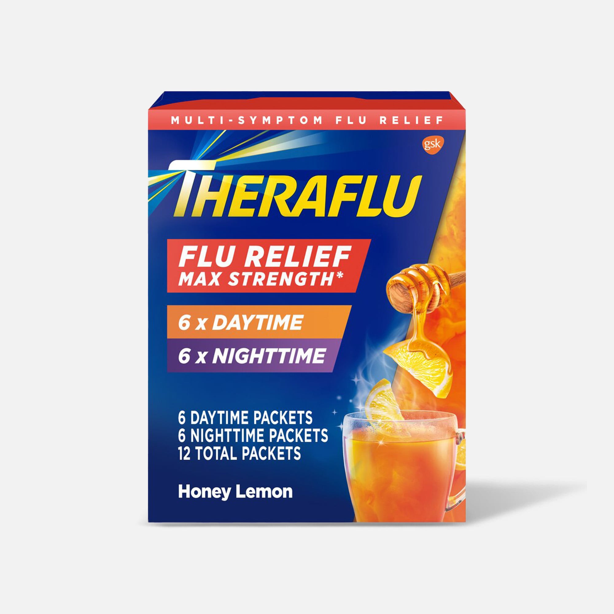 Theraflu Multi-Symptom Flu Relief Max Strength Day & Night Powder, Honey Lemon, 12 ct.