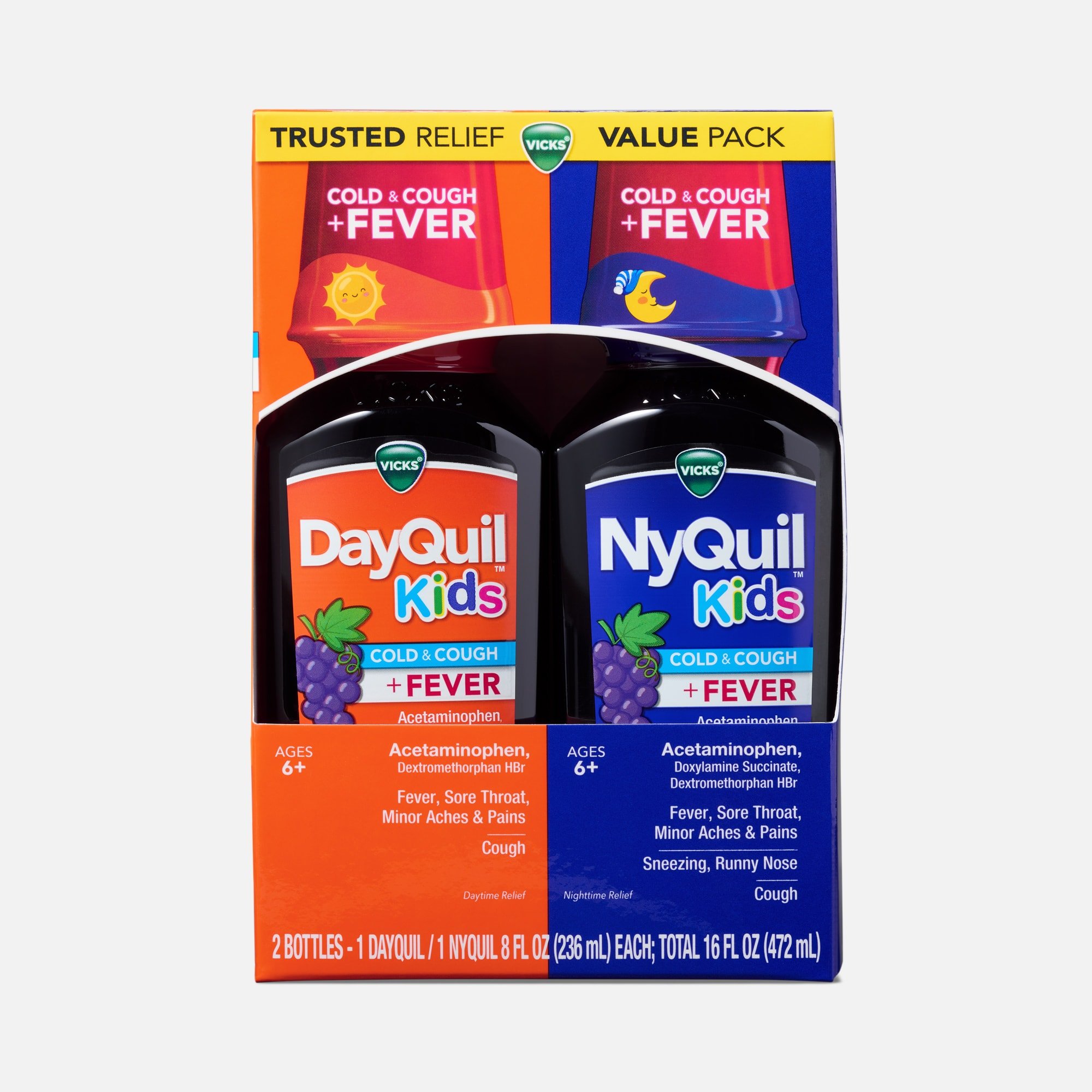 Vicks DayQuil & NyQuil Kids Cold & Cough + Fever Combo Pack, Grape, Two 8 oz. Bottles