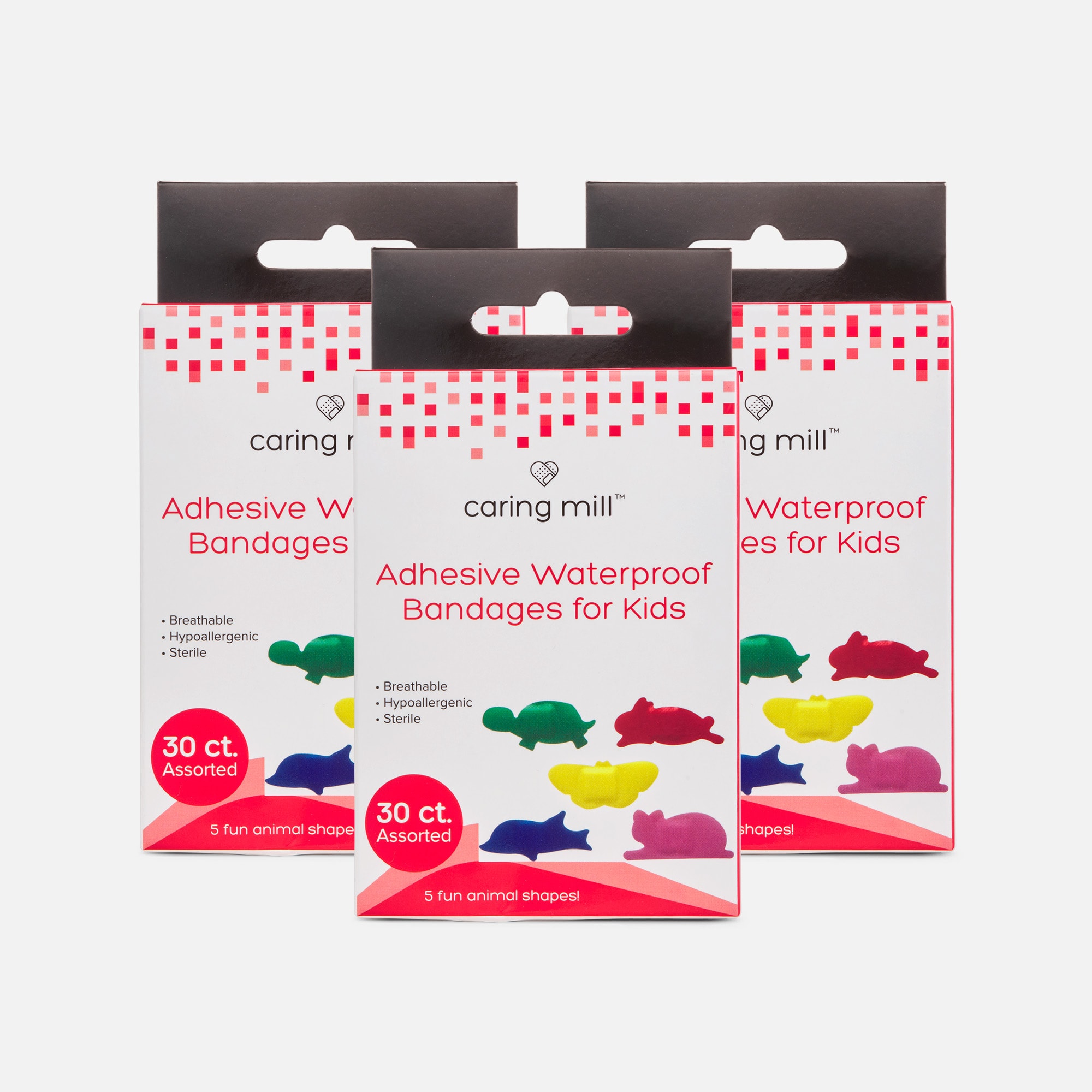Caring Mill™ Adhesive Waterproof Bandages for Kids, Animal Shapes, 30 ct. (3-Pack)