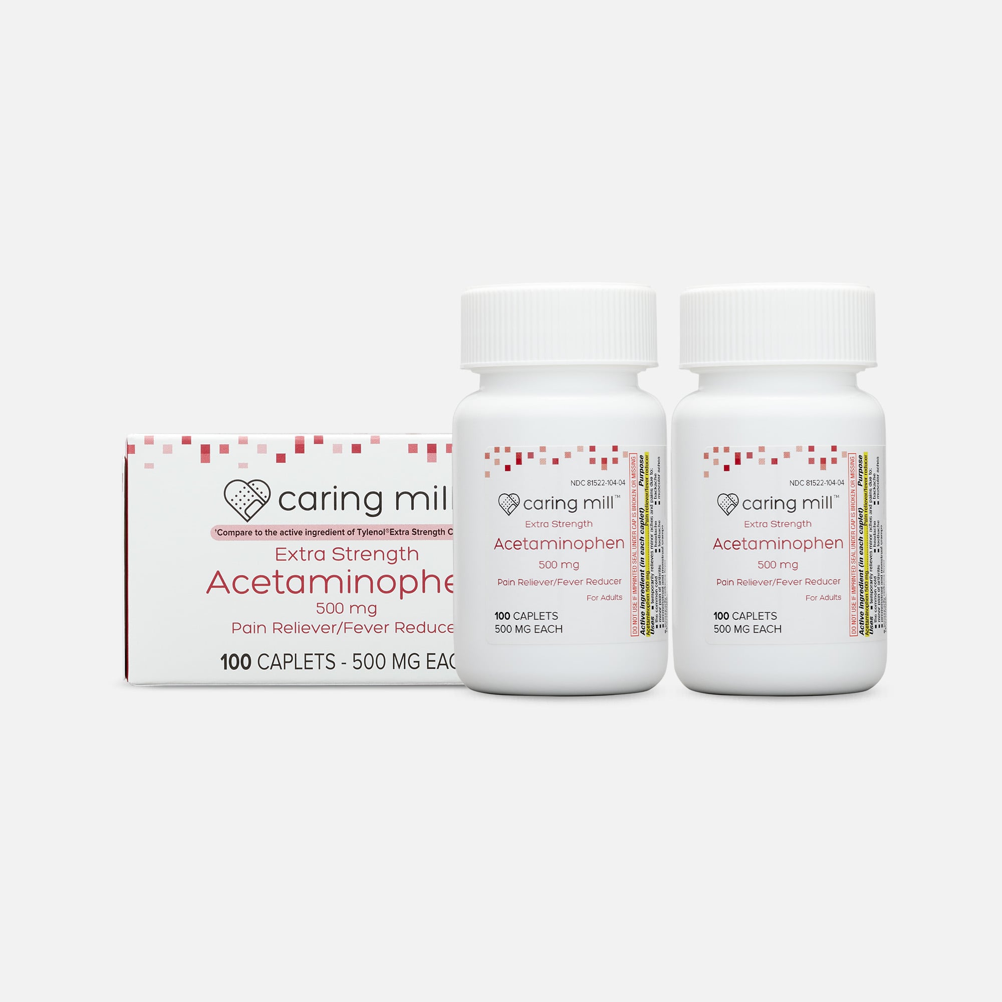 Caring Mill™  Acetaminophen Adult Pain Reliever/Fever Reducer Extra Strength Caplets, 100 ct.  (2-Pack)