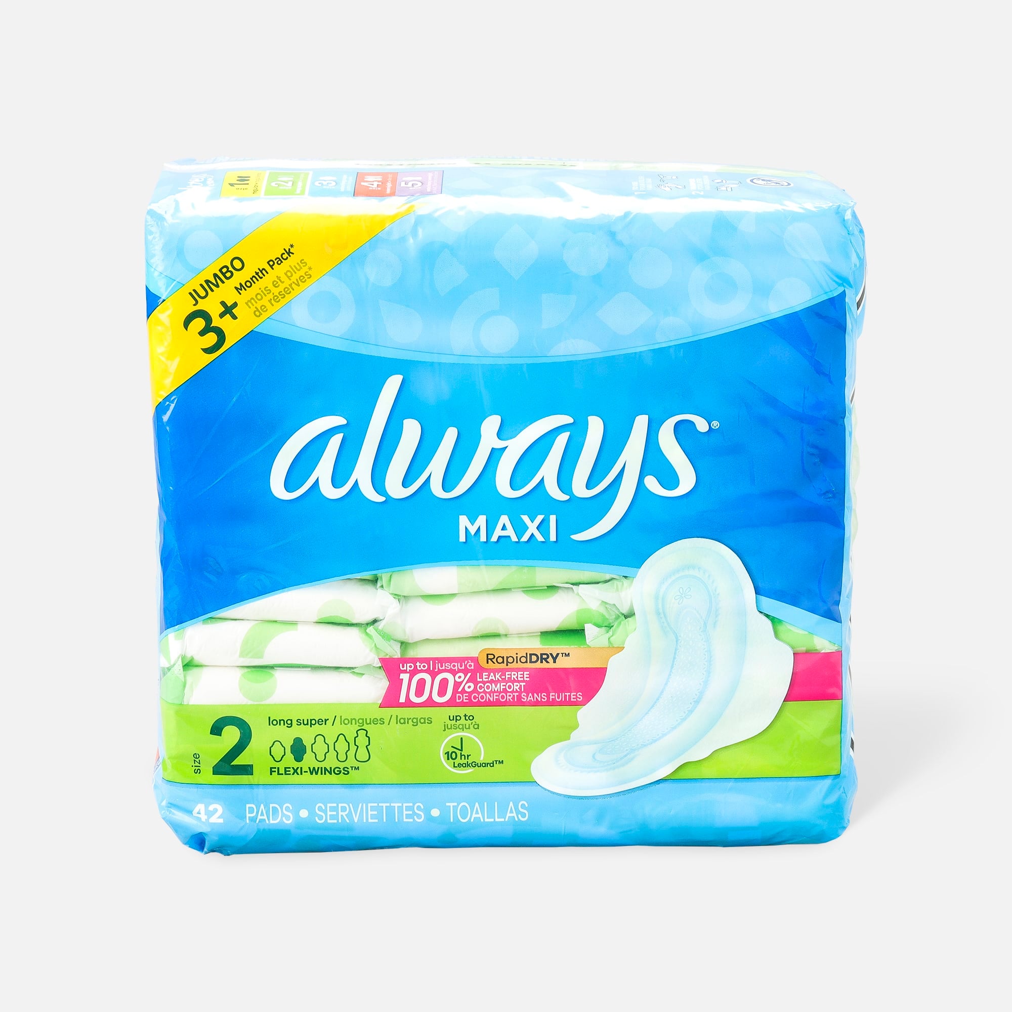 Always Maxi Pads Size 2 Long Super Absorbency Unscented with Wings, 42 ct.