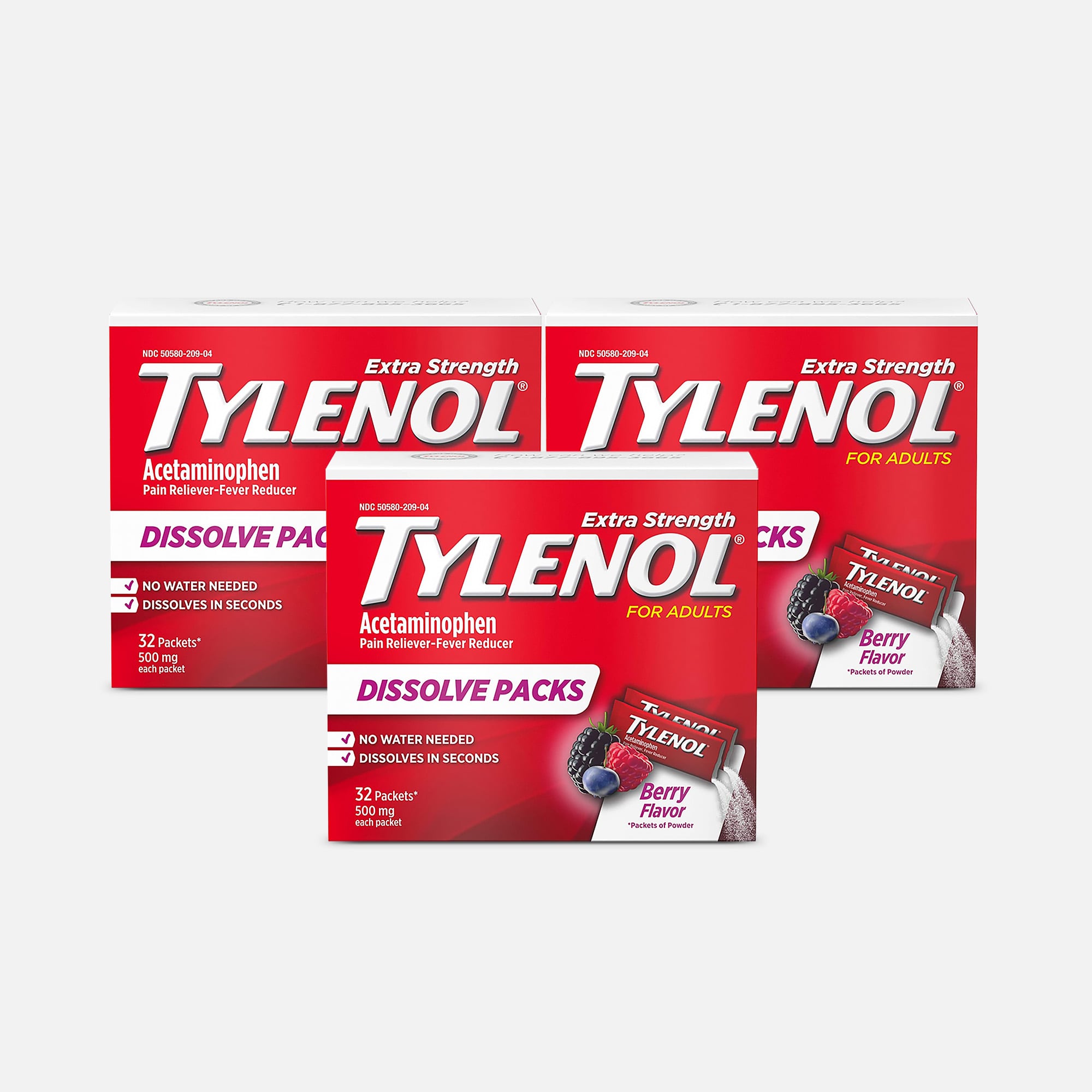 Tylenol Pain and Fever Powder Packs for Adults, Berry Flavor, 32 ct. (3-Pack)
