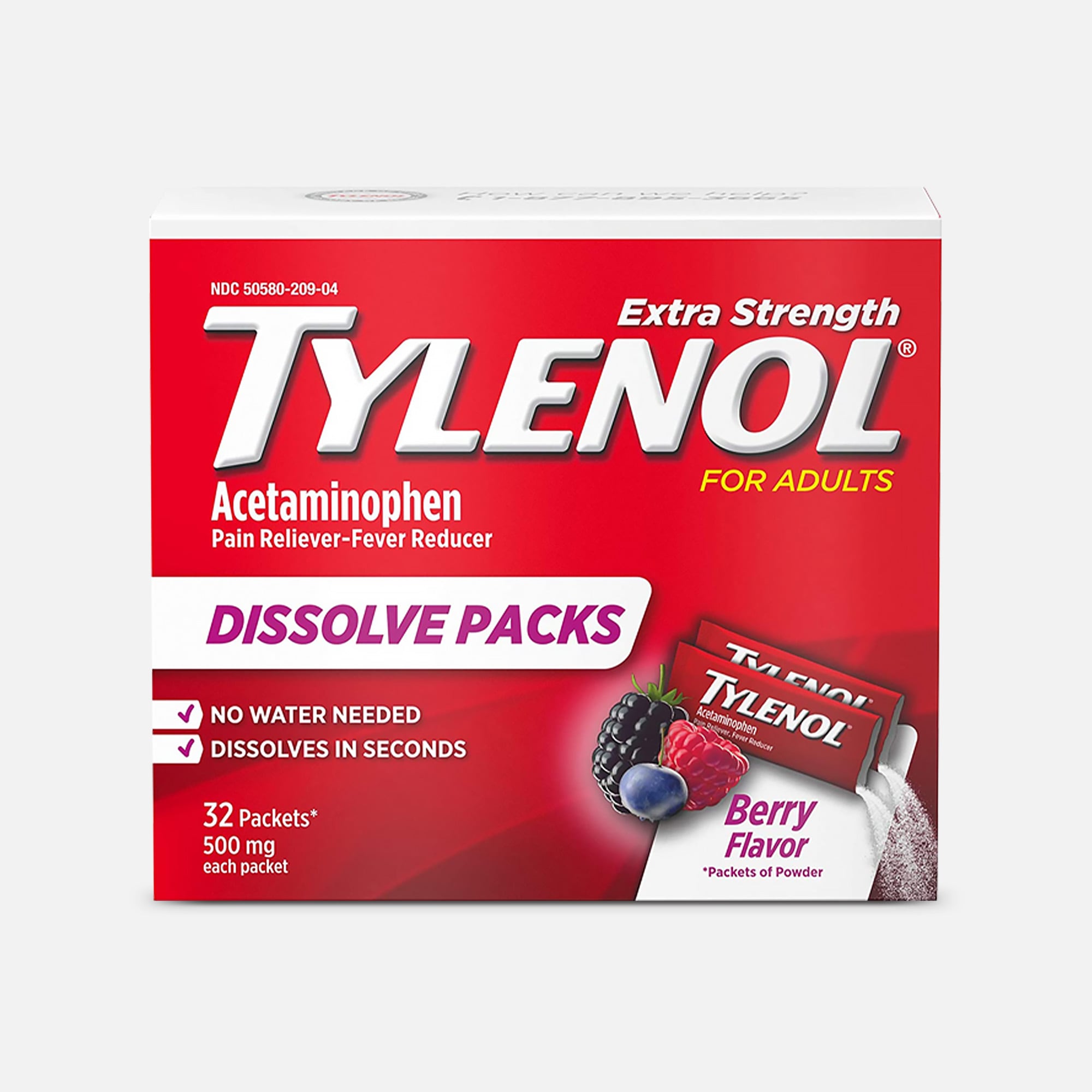 Tylenol Pain and Fever Powder Packs for Adults, Berry Flavor, 32 ct.