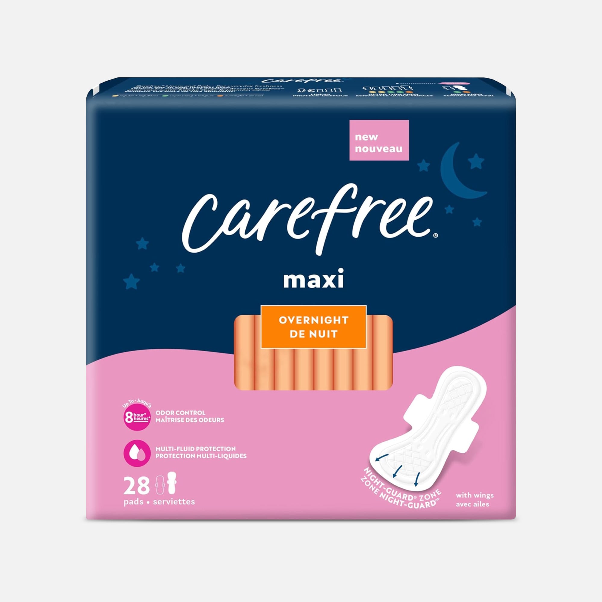 Carefree Maxi Overnight Pads with Wings, 28 ct.