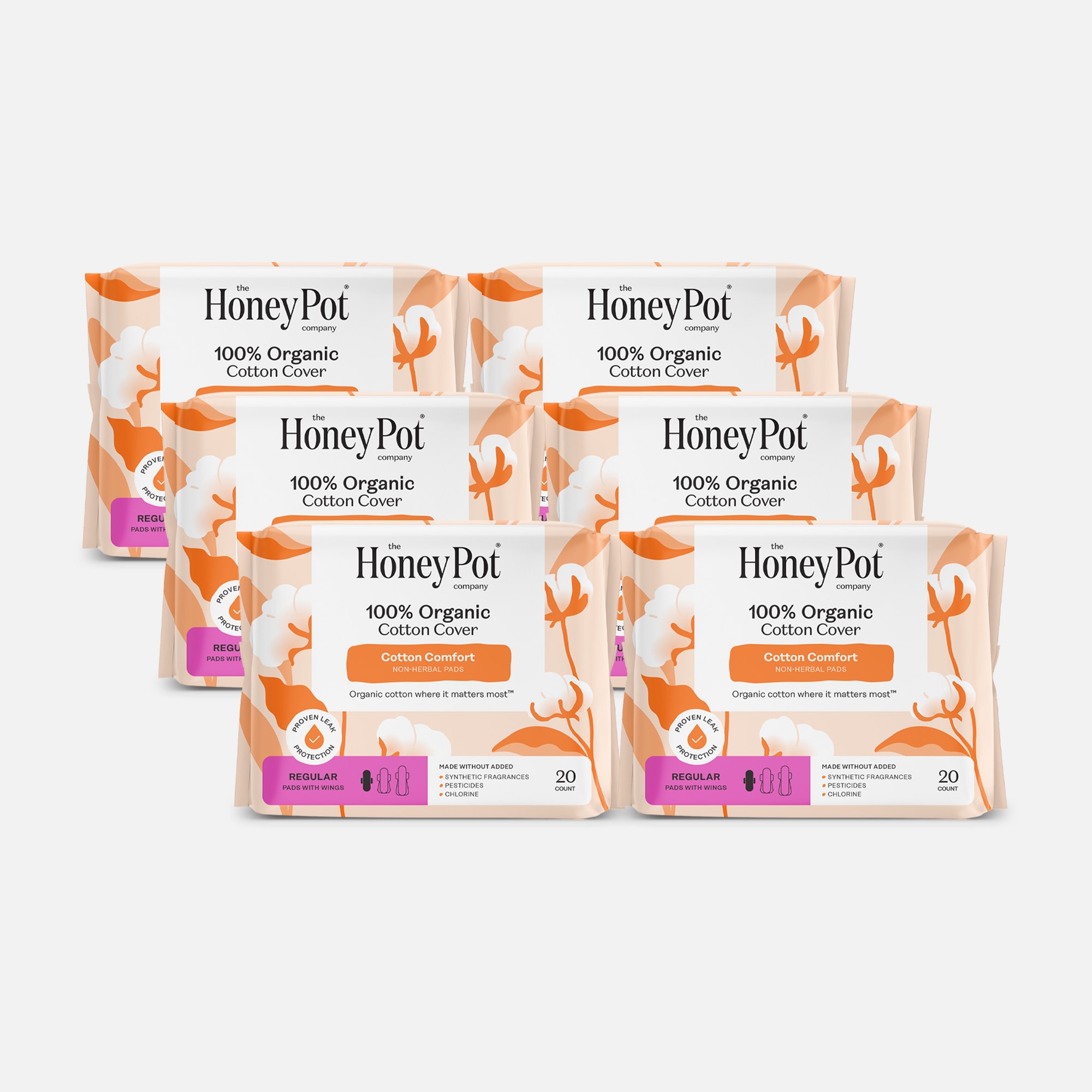 The Honey Pot 100% Organic Top Sheet Regular Non Herbal Menstrual Pads, 20 ct. (6-Pack)