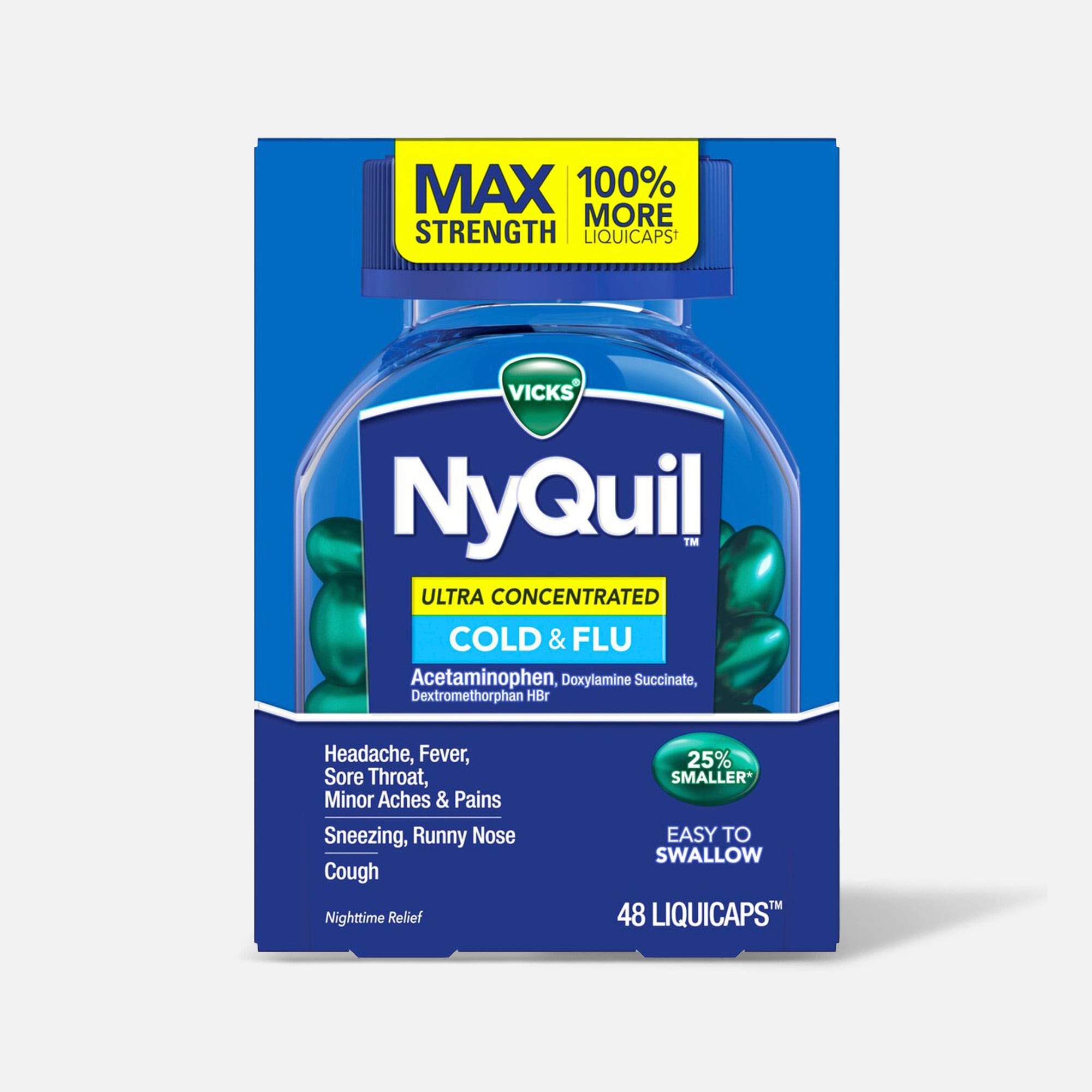 Vicks NyQuil Nighttime Ultra Concentrated Cold and Flu Medicine Liquicaps,  48 ct.