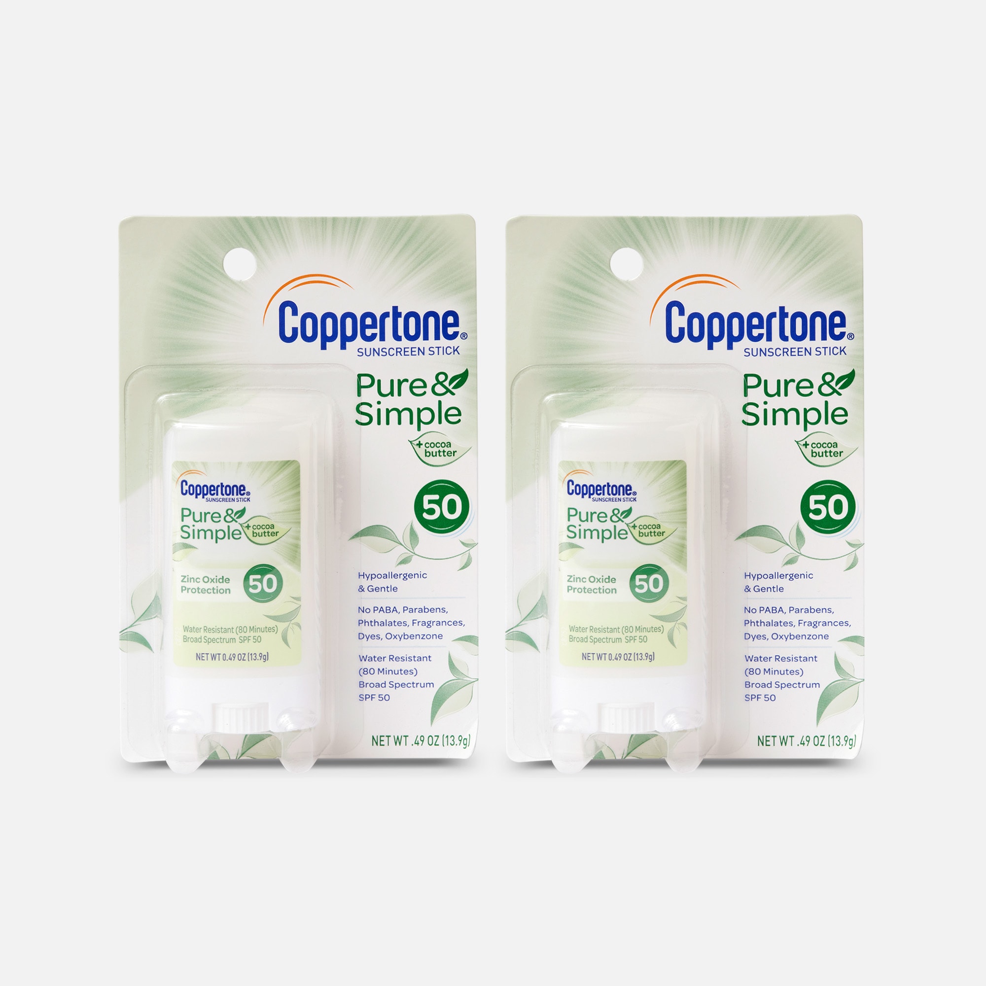 Coppertone Pure & Simple Sunscreen Stick, SPF 50, 0.49 oz. (2-Pack)