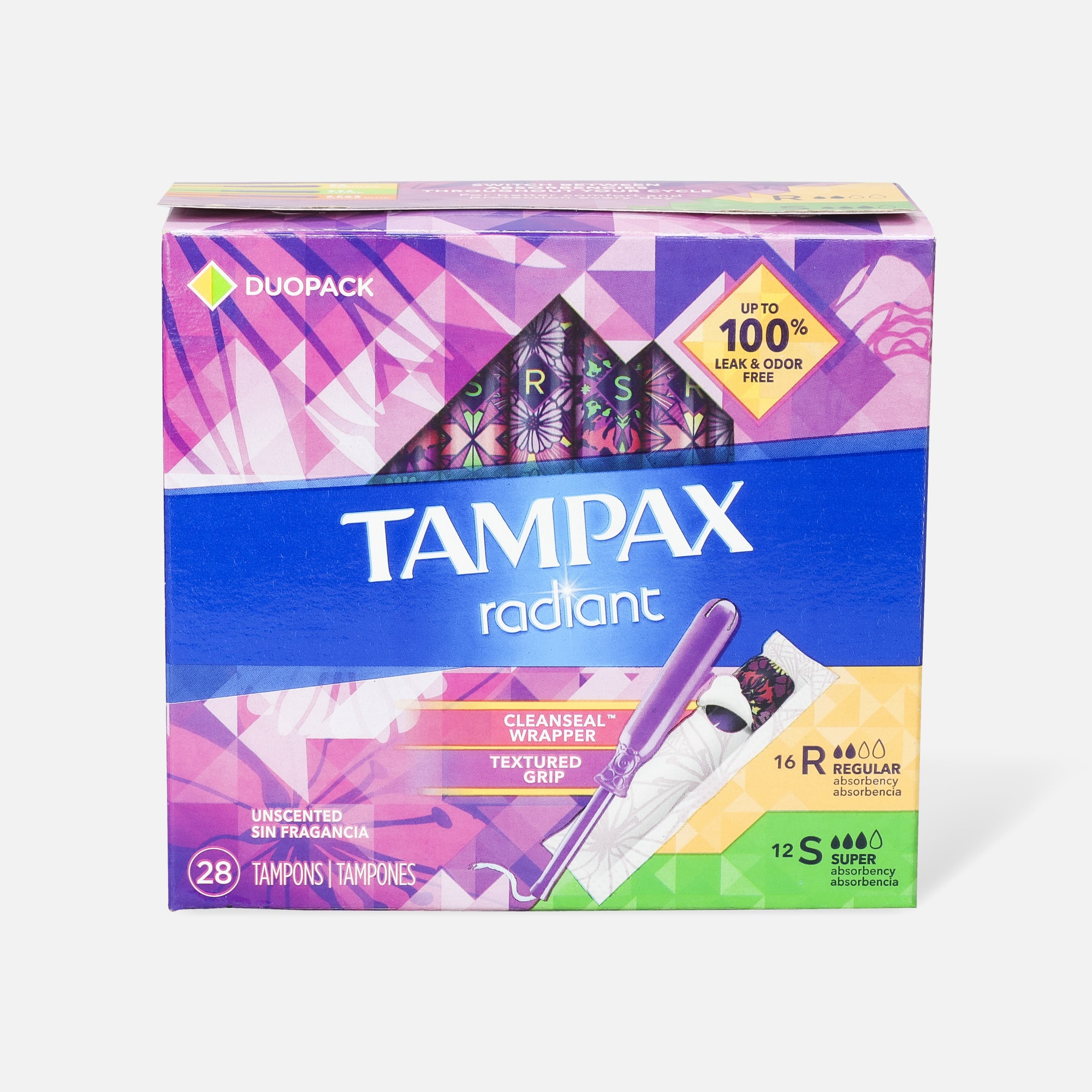 Tampax Radiant Tampons Duo Pack, Regular/Super Absorbency with BPA-Free  Plastic Applicator and LeakGuard Braid, Unscented, 28 Count