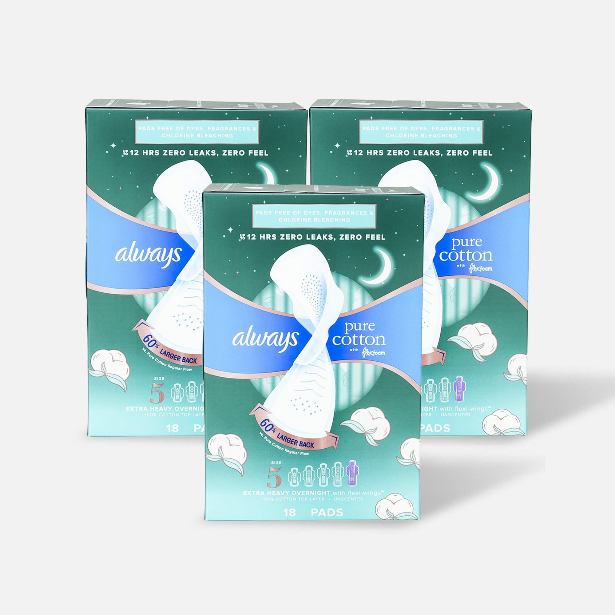 Always Pure Cotton with FlexFoam Pads for Women Size 5 Extra Heavy Overnight Absorbency, with Wings, 18 ct. (3-Pack)