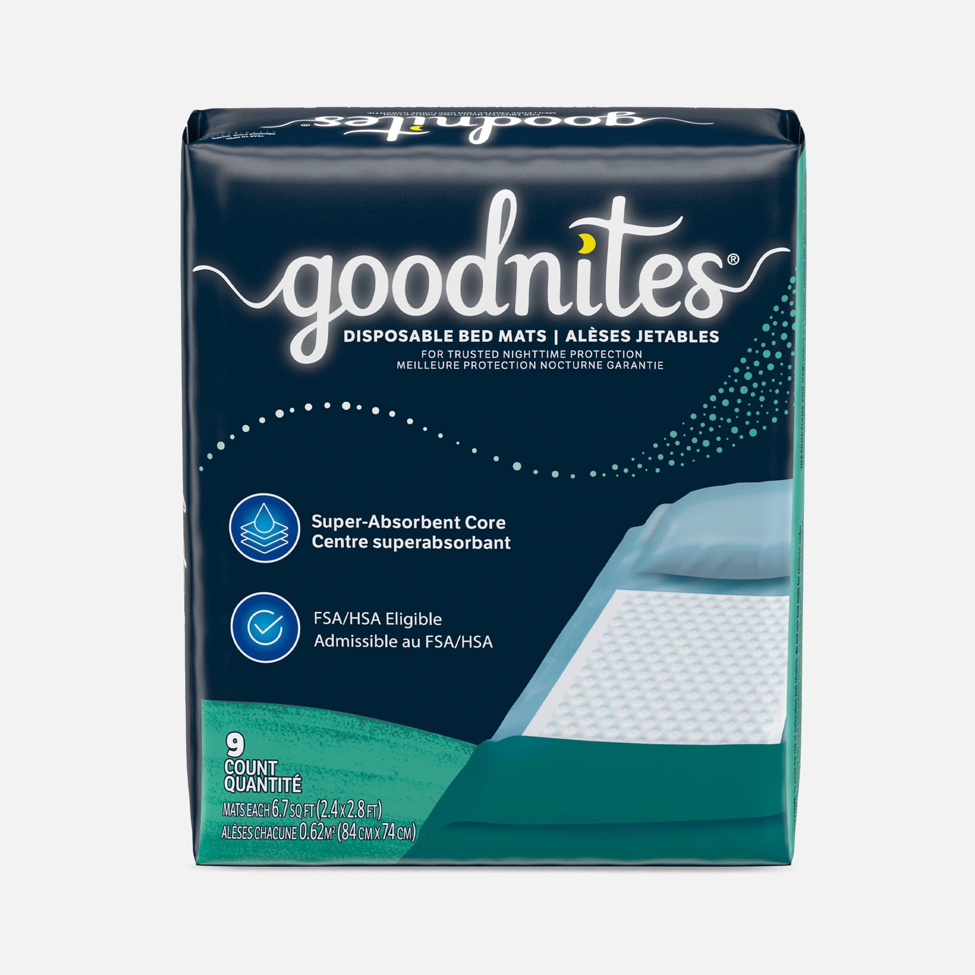 FSA Eligible Goodnites Disposable Non-Slip Bed Mats for Bedwetting, 2.4 x  2.8 ft, 9 ct. | FSA Eligible