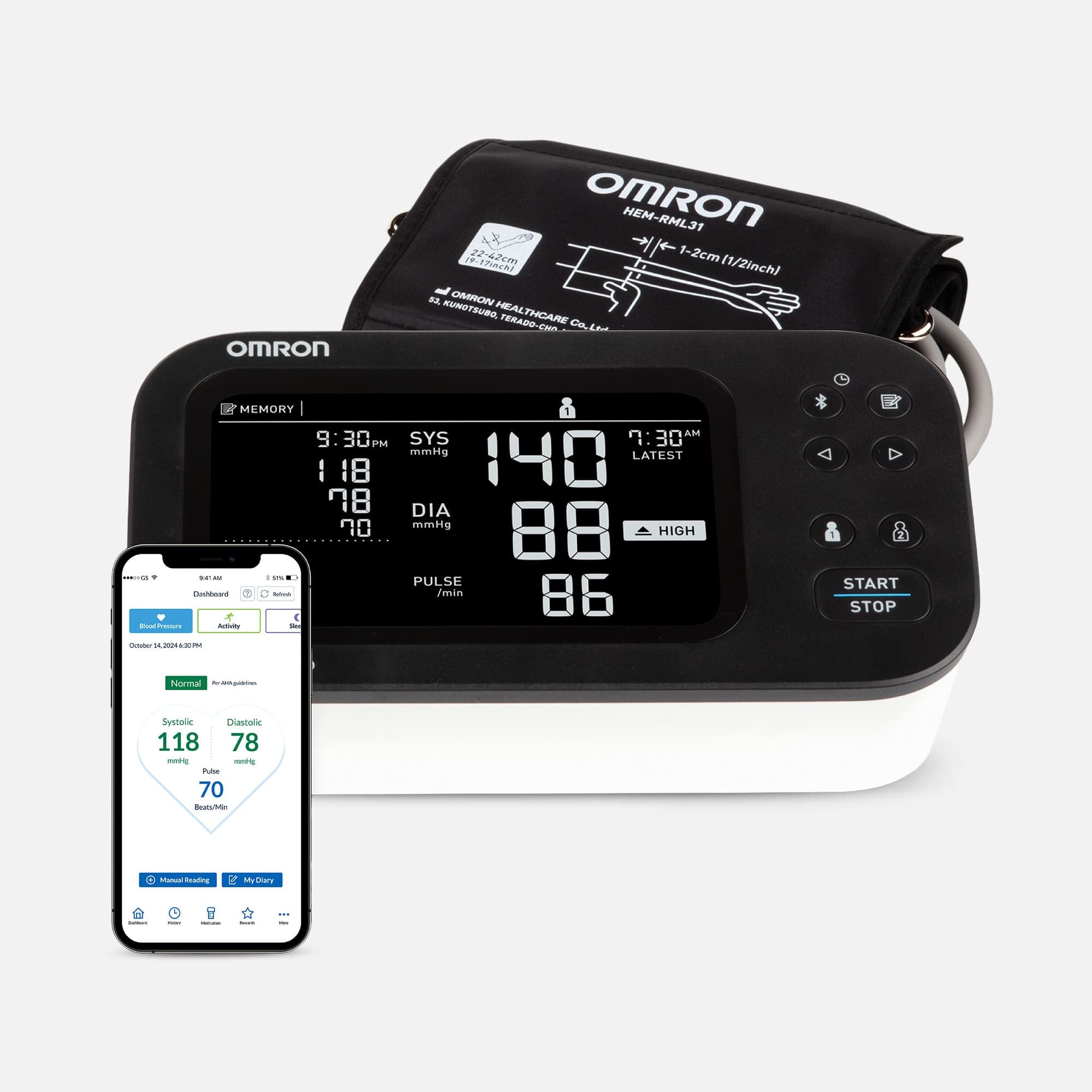 Omron 10-Series Upper Arm Blood Pressure Monitor, Connected, with AC Adapter