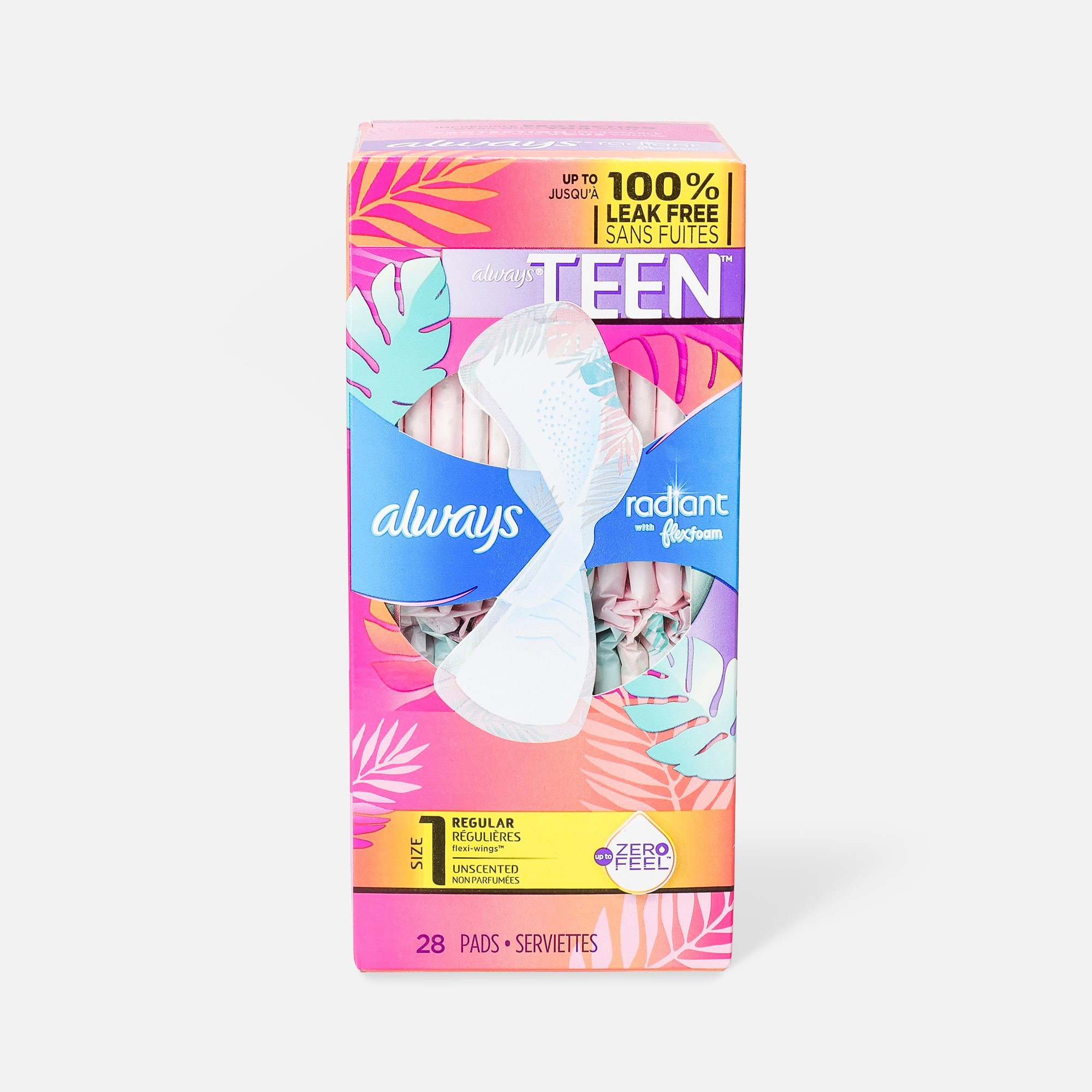 FSA Eligible  Always Radiant FlexFoam Teen Pads Regular Absorbency, with  Wings, Unscented, 28 Count