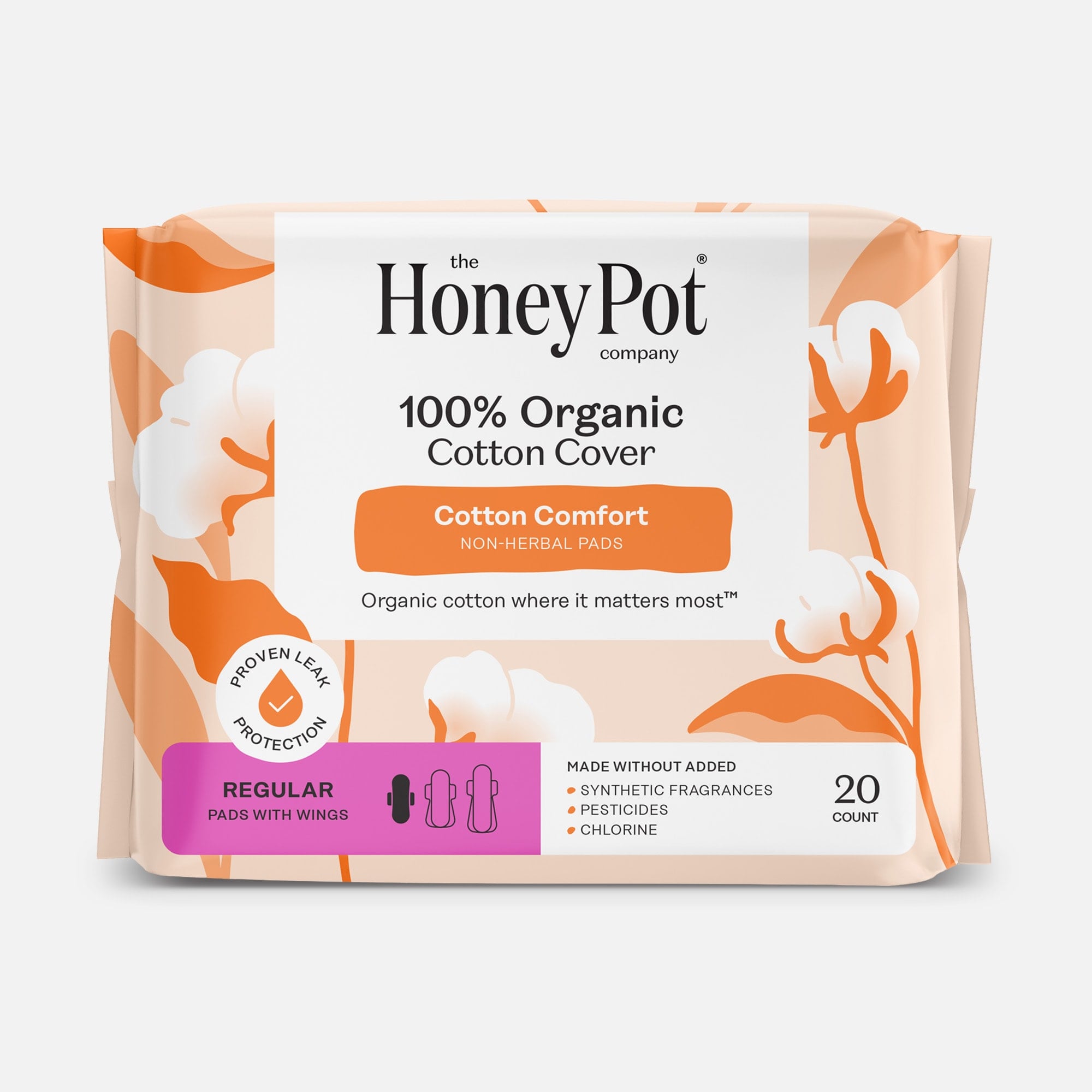 The Honey Pot 100% Organic Top Sheet Regular Non Herbal Menstrual Pads, 20 ct.