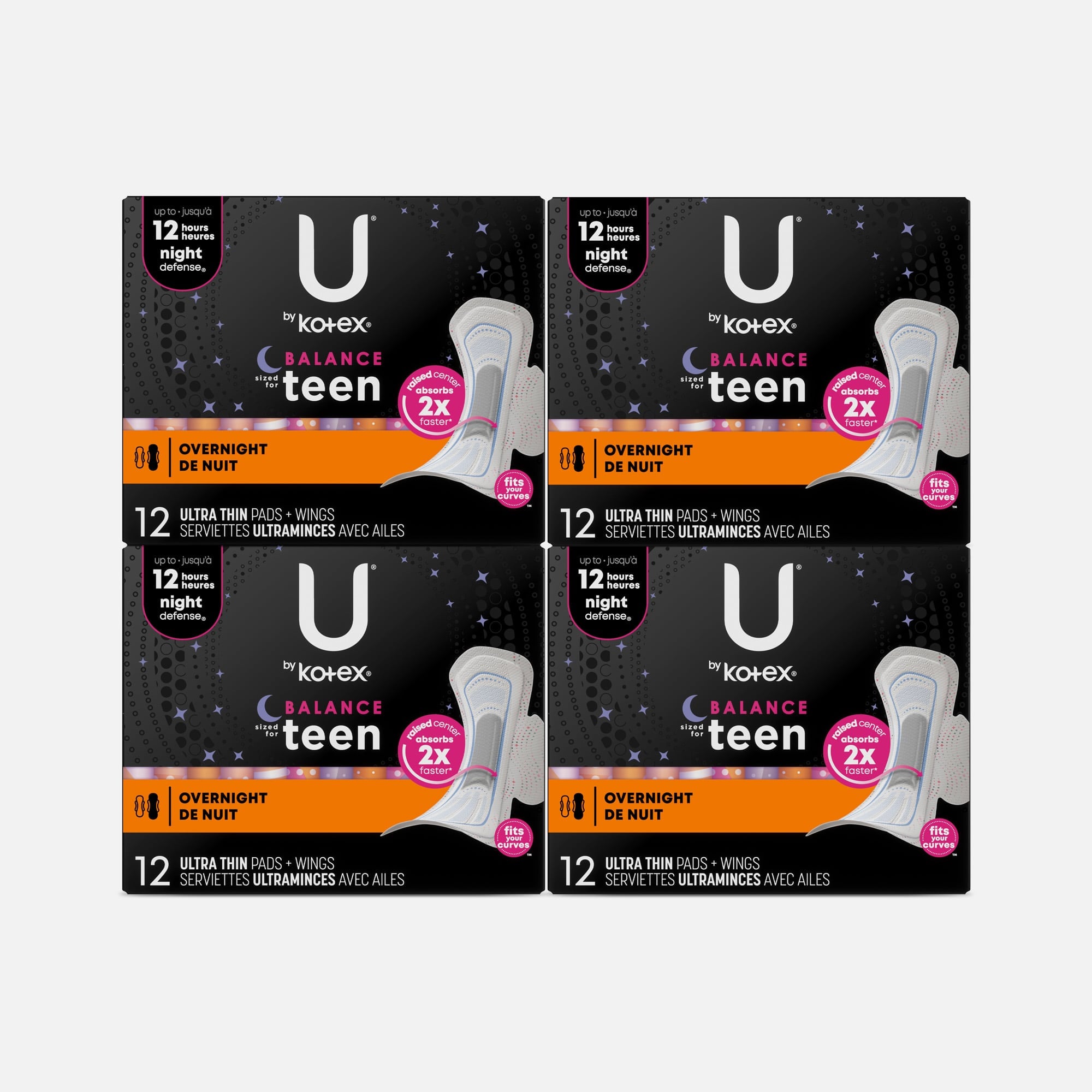 U by Kotex Super Premium Ultra Thin Overnight with Wings Teen Pad, 12 ct. (4-Pack)