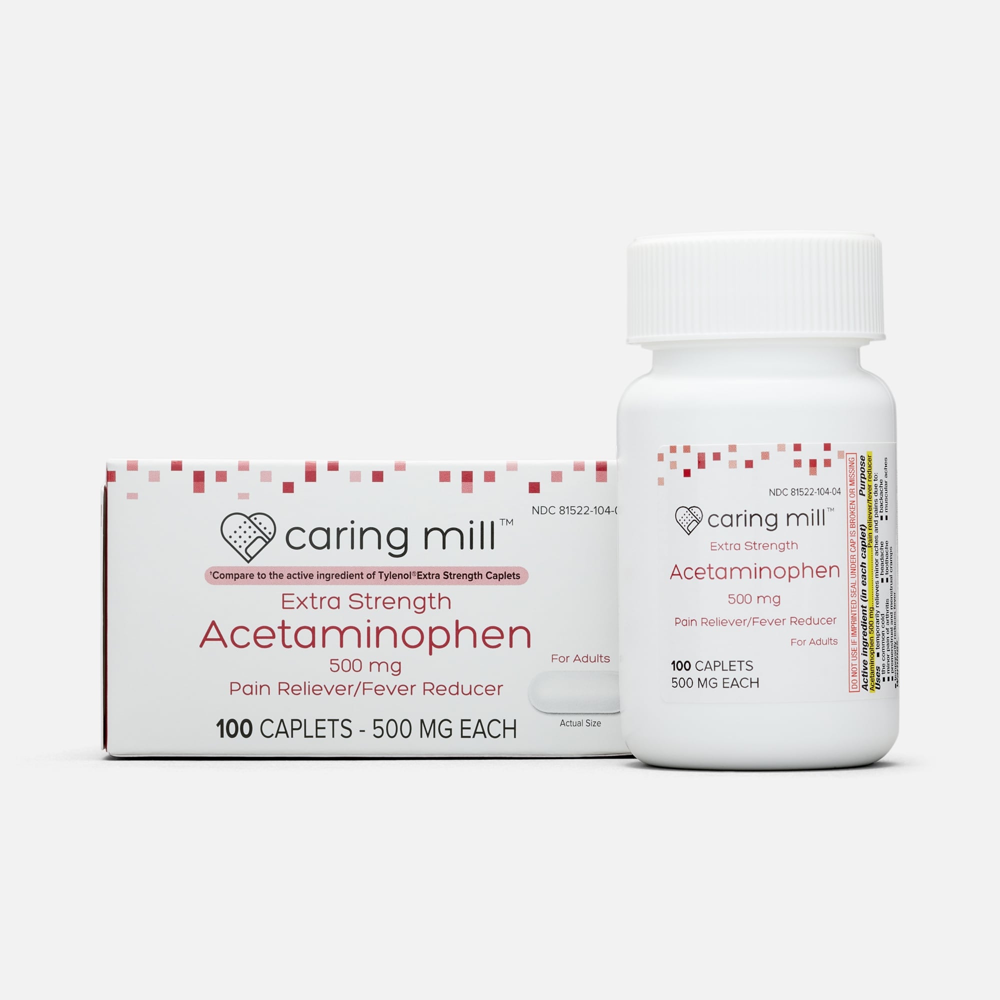 Caring Mill™ Acetaminophen Adult Pain Reliever/Fever Reducer Extra Strength Caplets, 100 ct.
