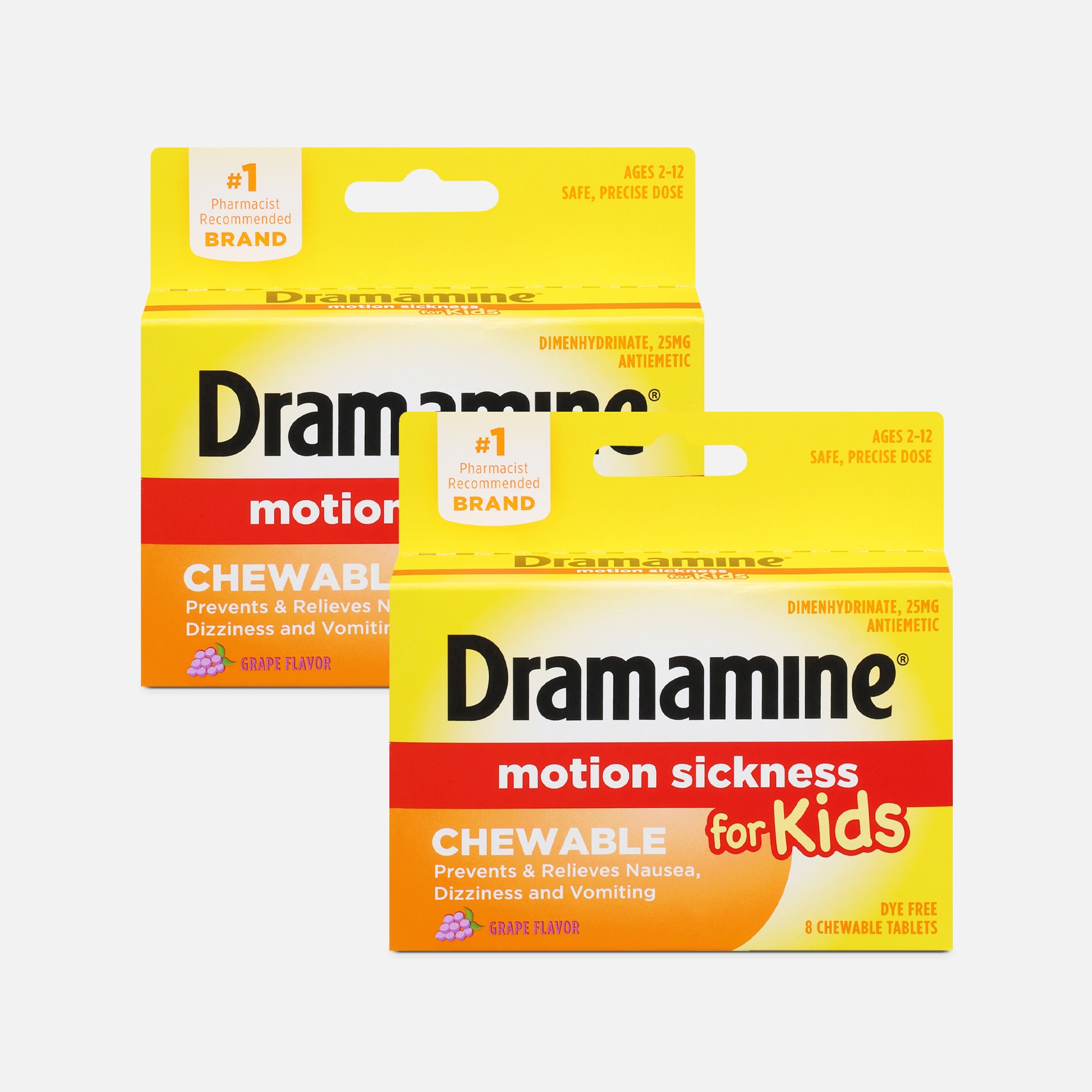 Dramamine Motion Sickness Relief for Kids, Grape Flavor, 8 ct. (2-Pack)